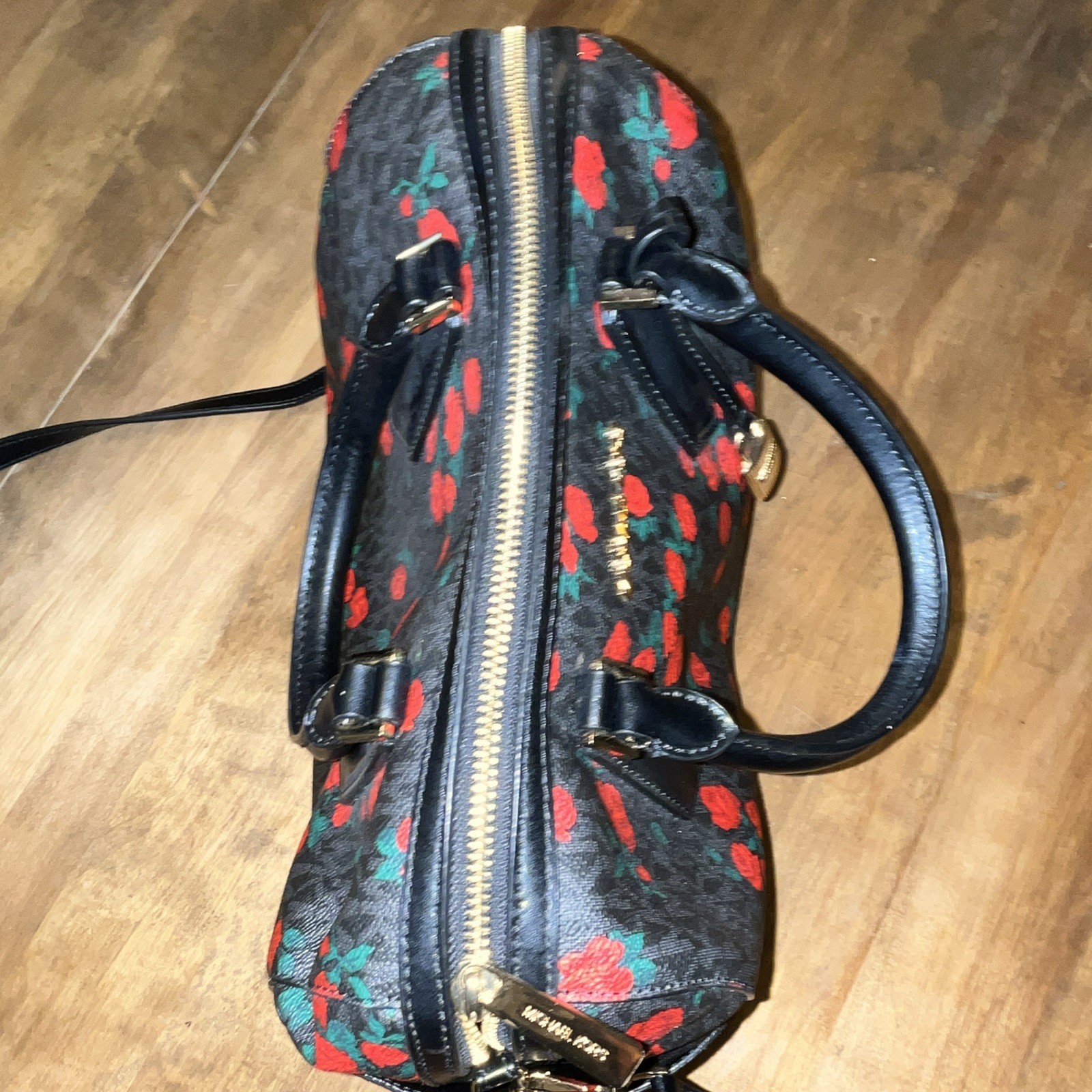 Michael Kors Hayes Black Red Rose Pebbled Leather Satchel MK