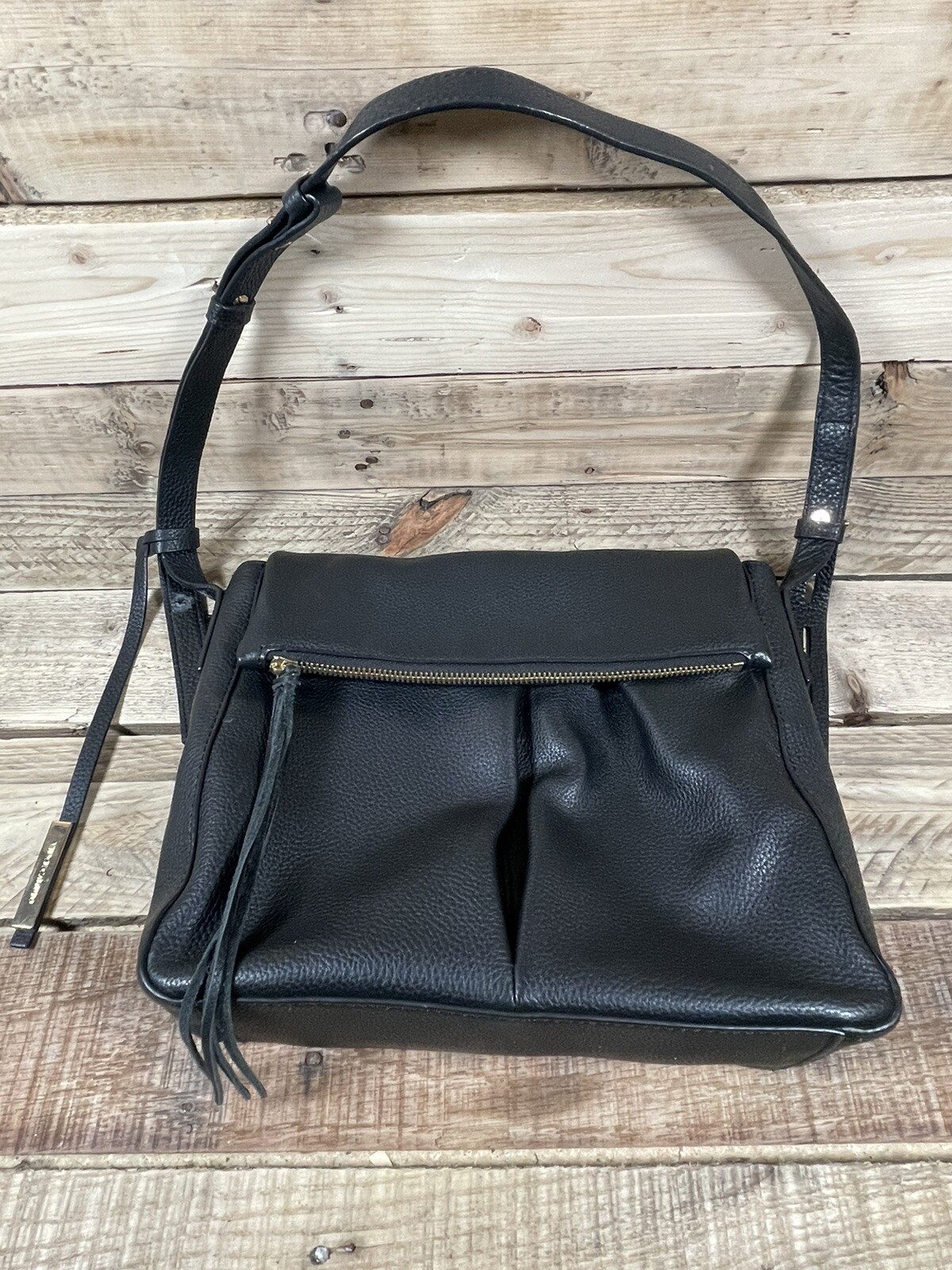 Vince Camuto VV Miles CB Handbag Shoulder Black Leather Pockets Fold Over Purse
