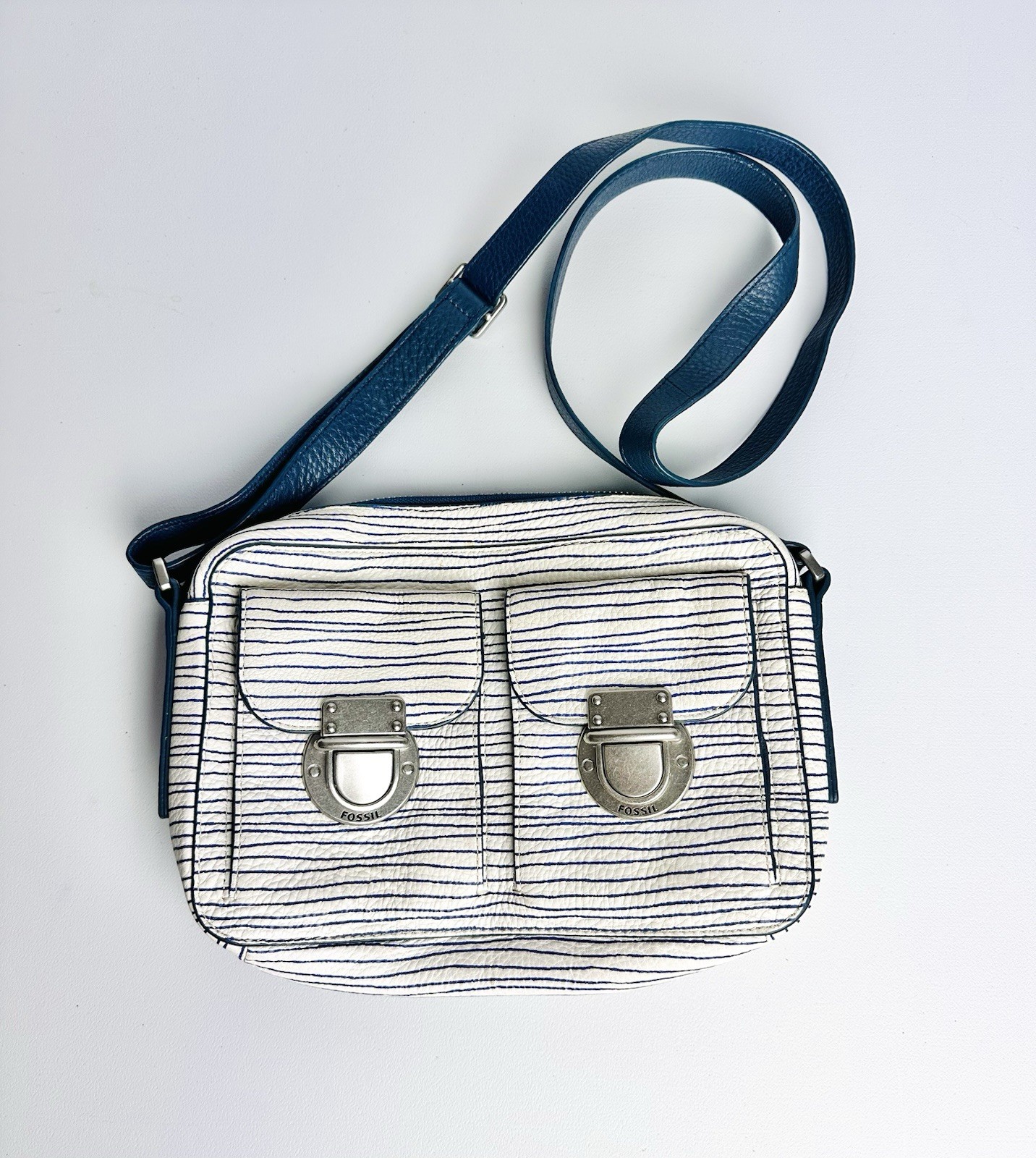 FOSSIL RILEY Women’s Leather Xbody Bag White Blue Crossbody Purse Flaw-see Photo