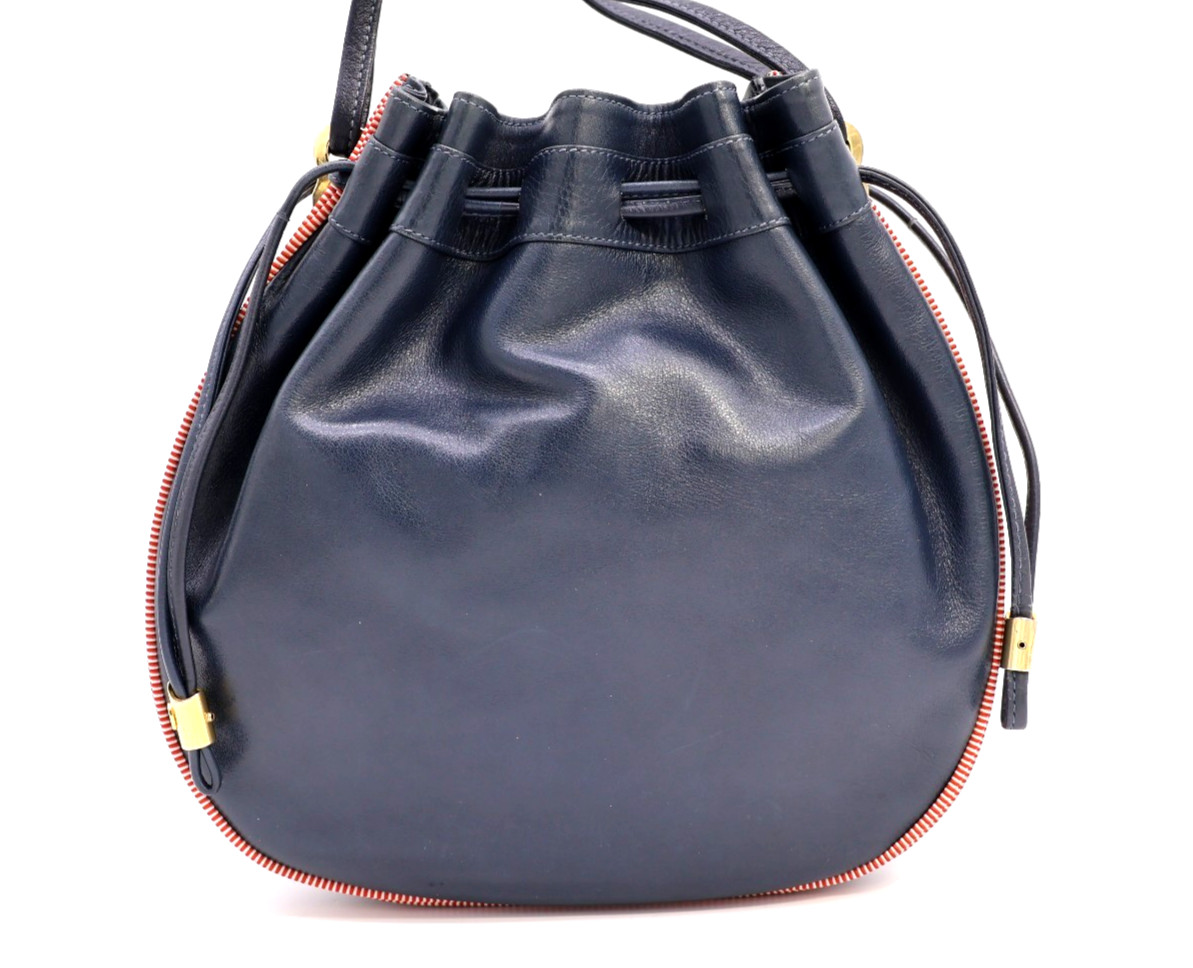 GUCCI VINTAGE Web Stripe Drawstring Shoulder Bag Leather Navy Rare Authentic