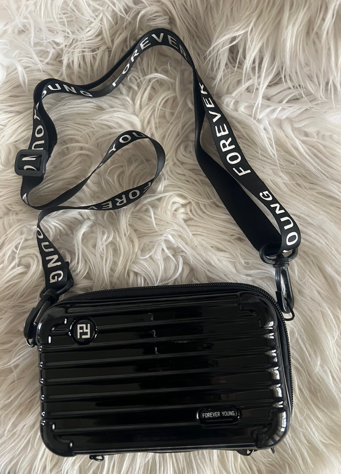 Forever Young Hardshell Crossbody Bag Black Geo Womens Travel Purse Makeup