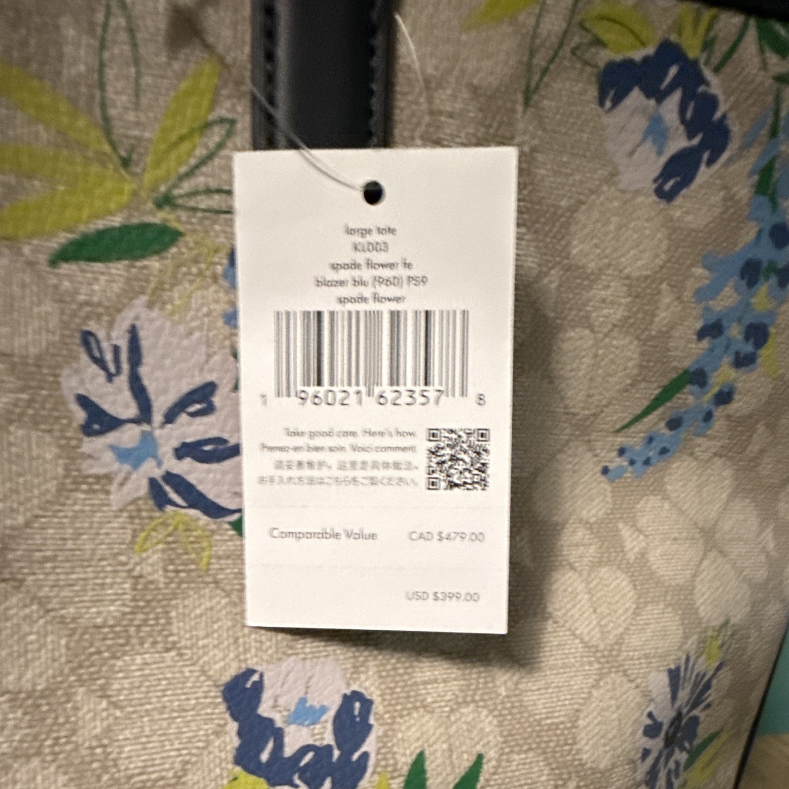 Kate Spade New York Large Floral Tote Bag Beige Zip Top Inner Pockets Logo