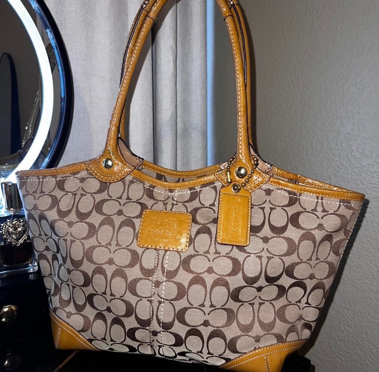 Vintage Coach Signature Tote with Tan Leather Trim