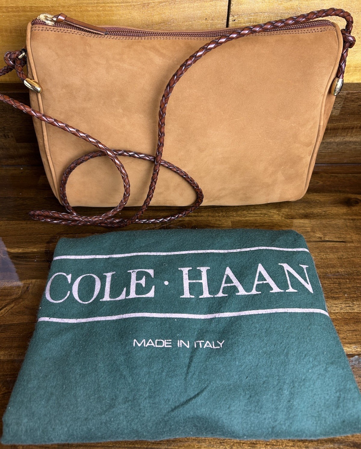 Cole Haan Crossbody Bag Brown Suede Leather Braided Strap Dust Bag Italy NEW