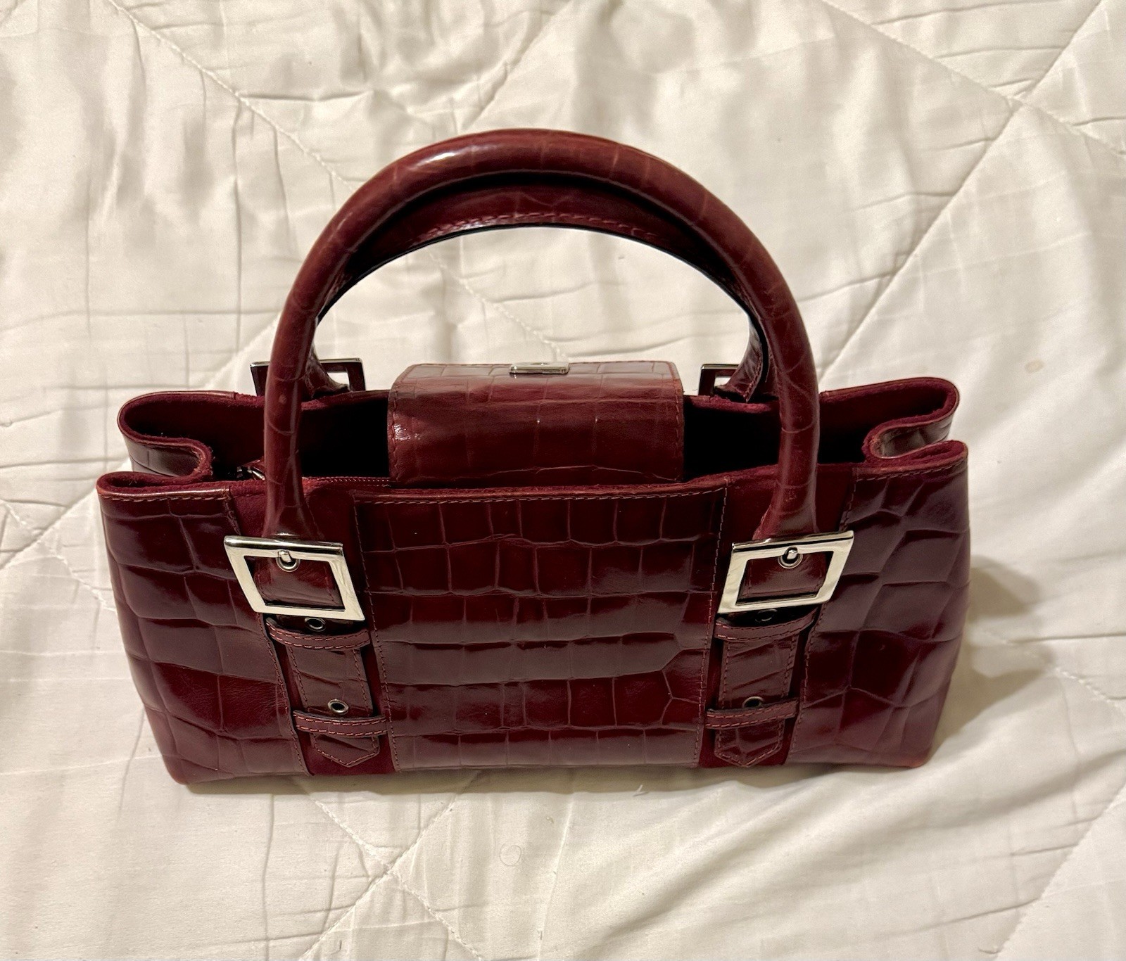 R2K Croc Embossed Burgundy Leather Satchel Handle Buckle Accent