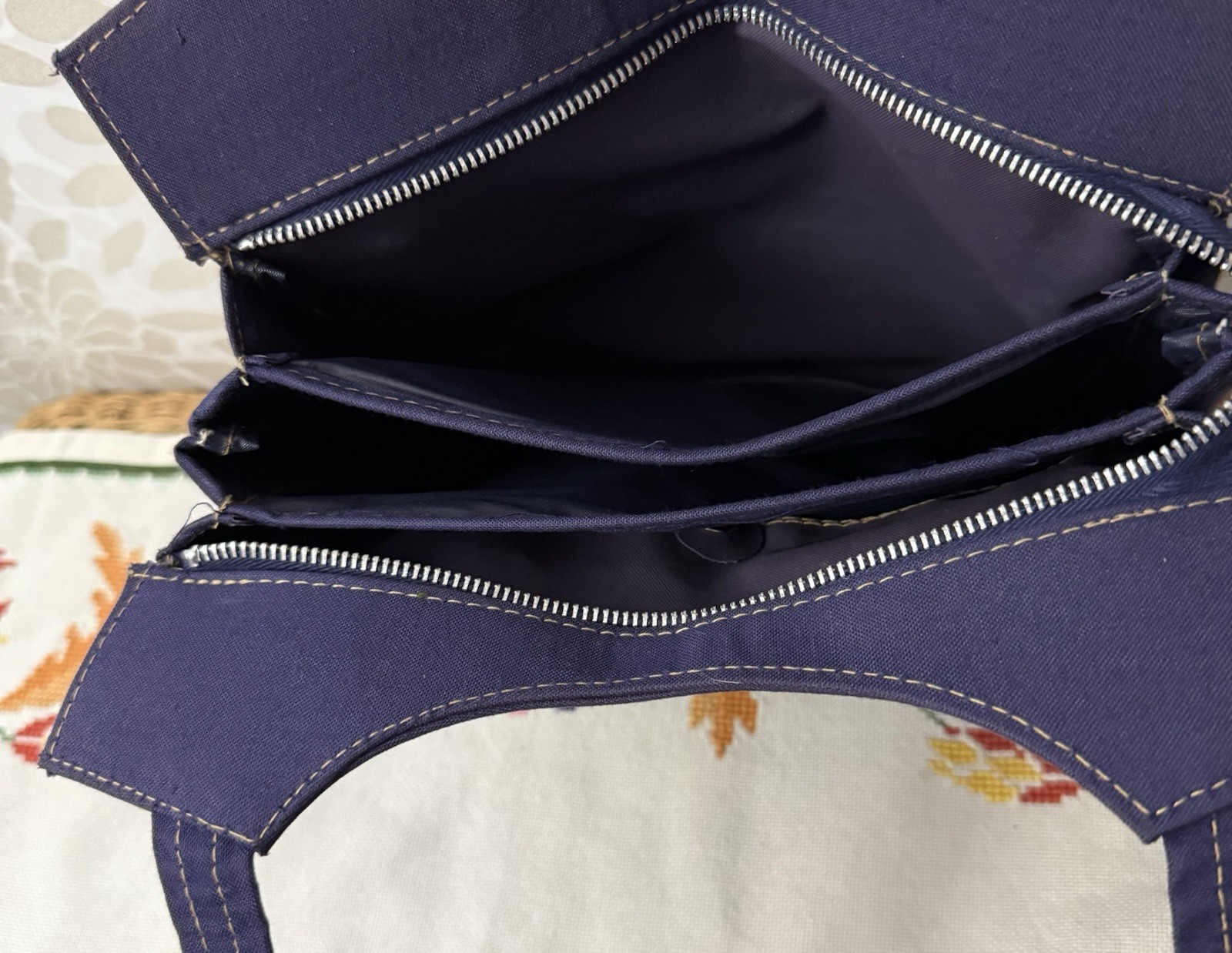 Vintage Vtg 70s 80s Retro Navy Blue Canvas Tan Piping Purse Shoulder Bag