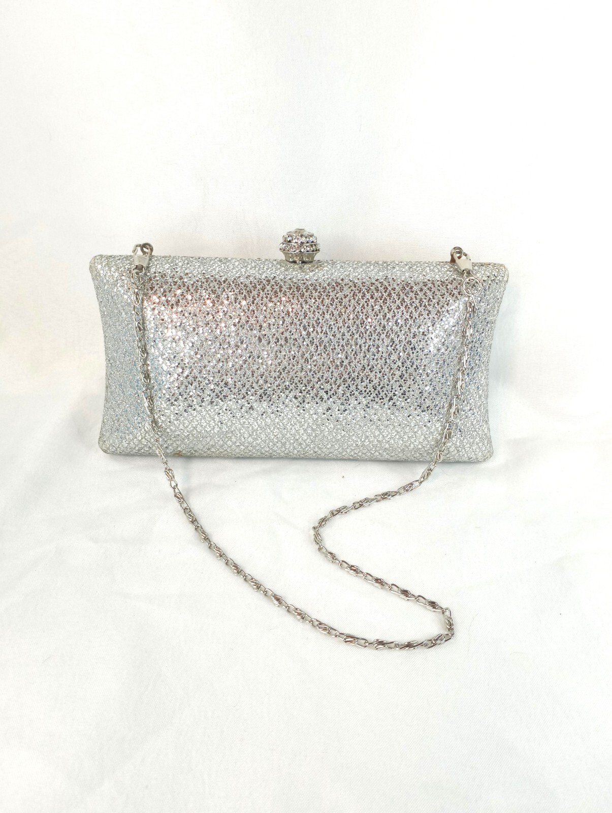 JNB Silver Clutch With Rhinestone Clasp Silver Detachable Chain Made In China