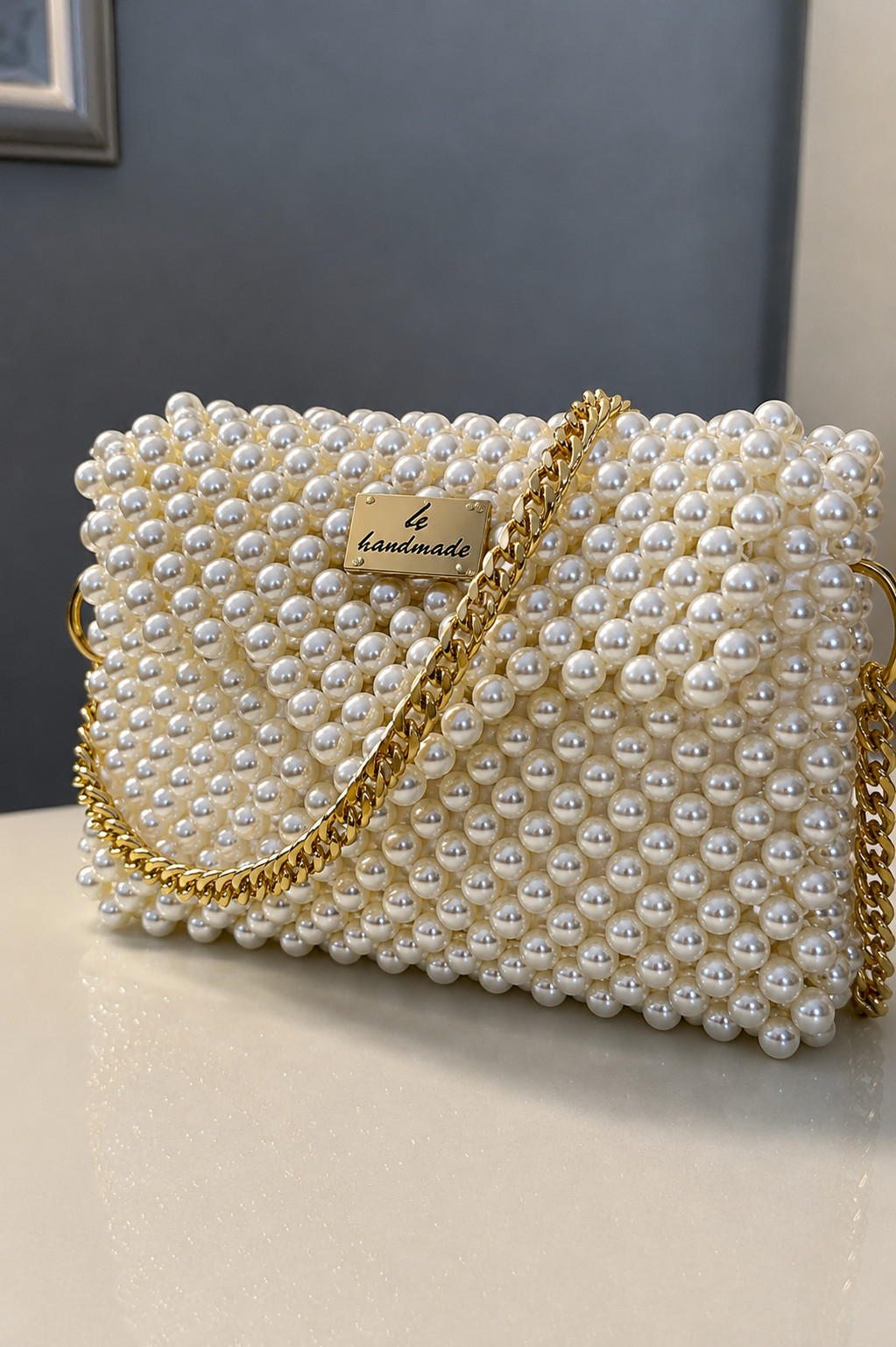 Luxury White Mother of Pearl Crystal Beaded Shoulder Bag – Handmade Evening Purs