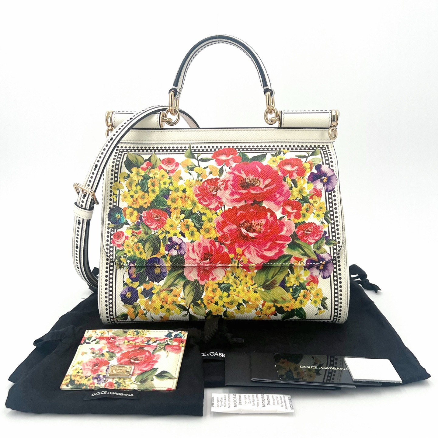 Dolce&Gabbana Sicily Medium White Floral Leather Crossbody Bag US Ship