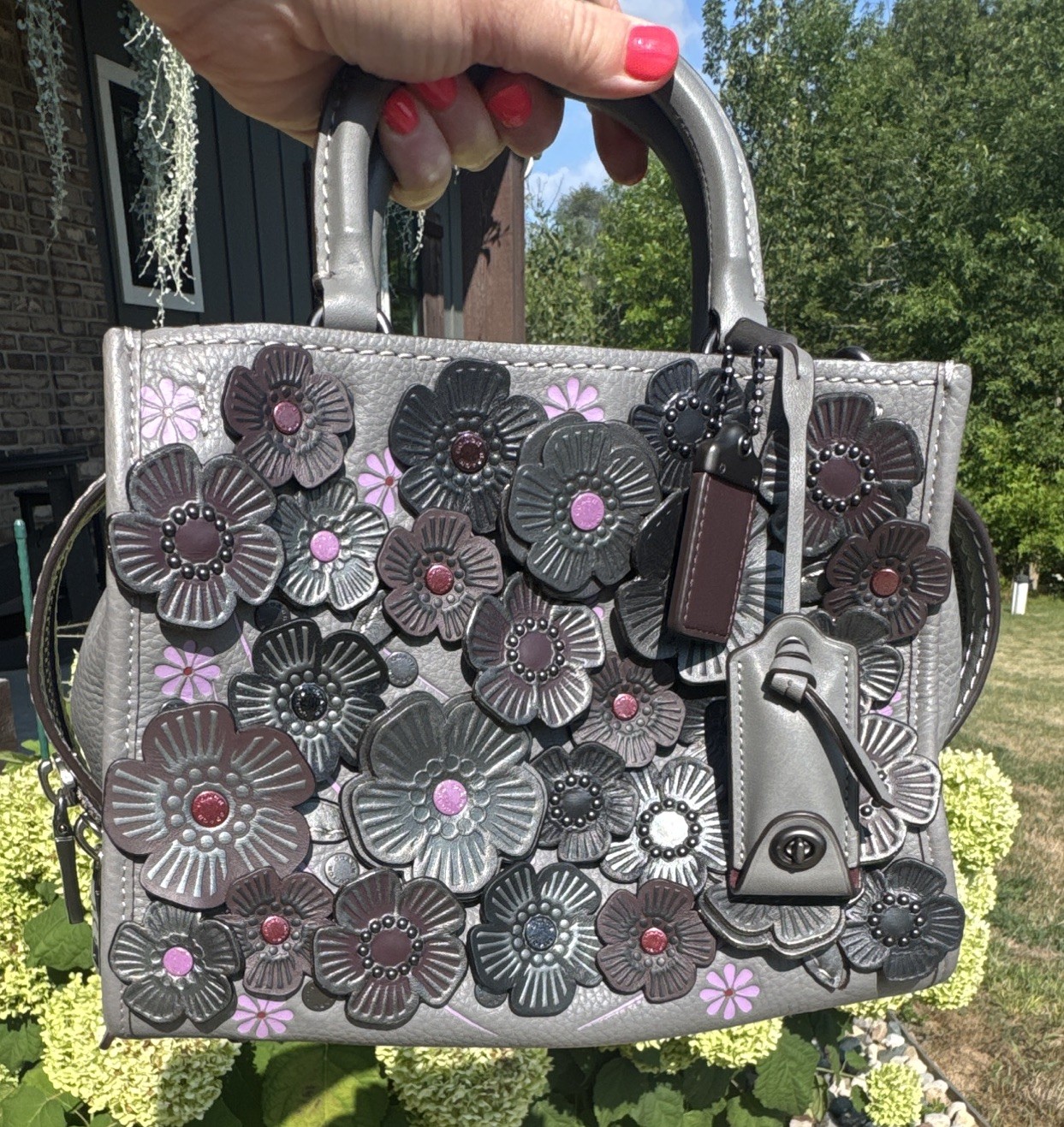 Coach Rogue Gray Floral Applique Crossbody Bag, Zip, Detachable Strap