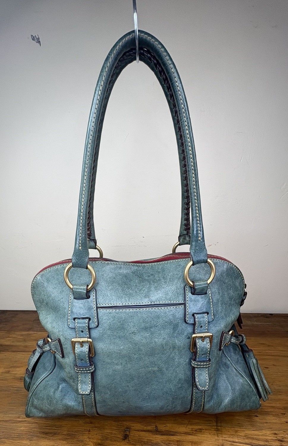 Dooney & Bourke Florentine Domed Buckle Satchel Teal Leather Tassel Bag J4092168