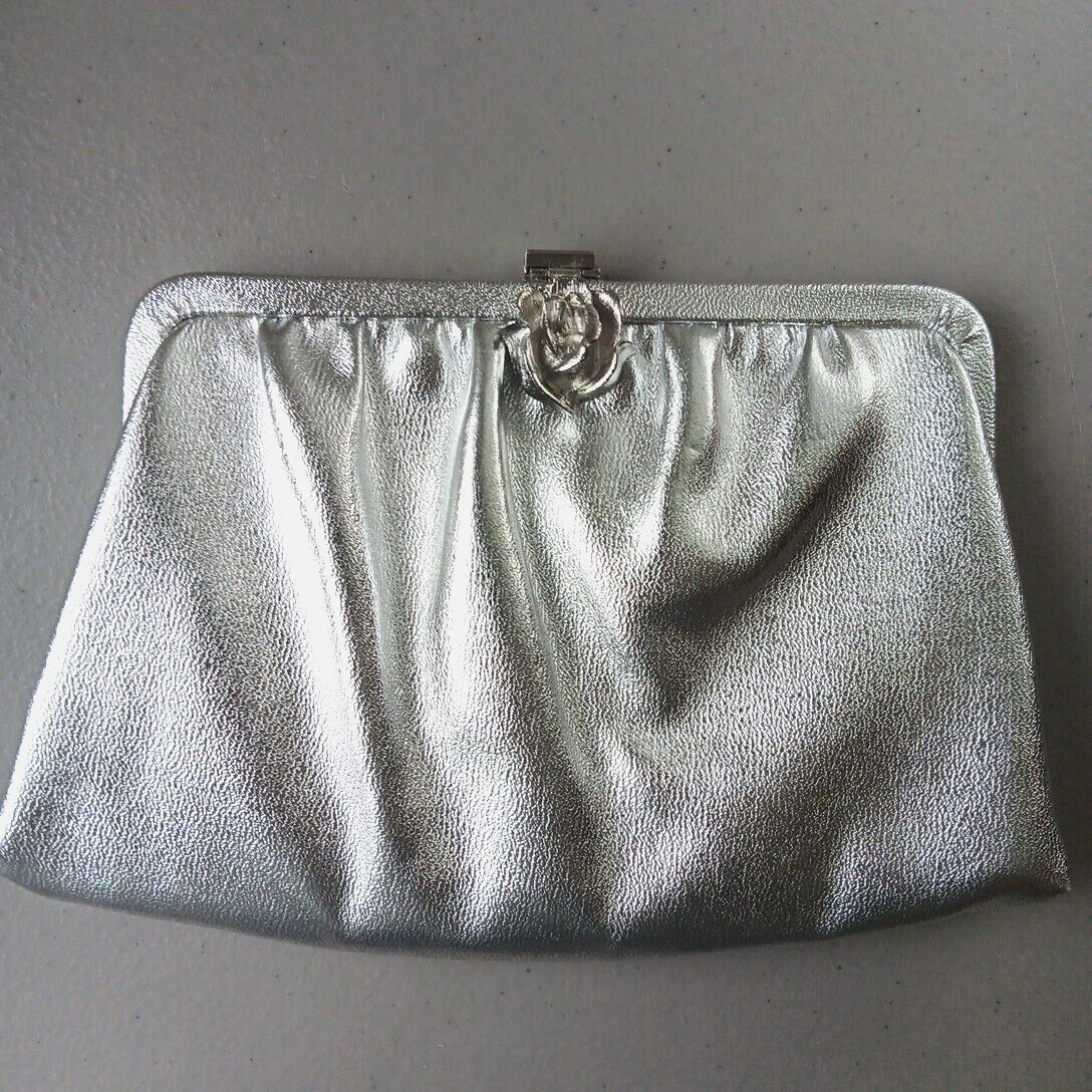 VTG Silver Clutch Evening Formal Purse Framed Bag Rose Clasp Chain Handle Glam