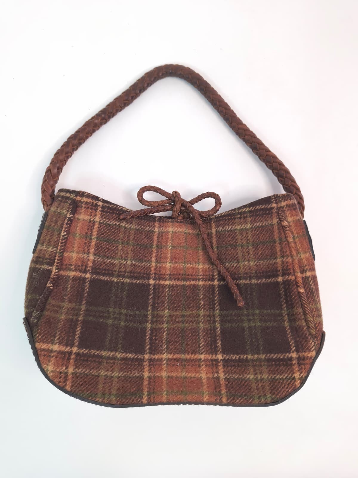 Lauren Ralph Lauren Wool Blend Plaid Hobo Shoulder Bag Braided Leather Handle EX