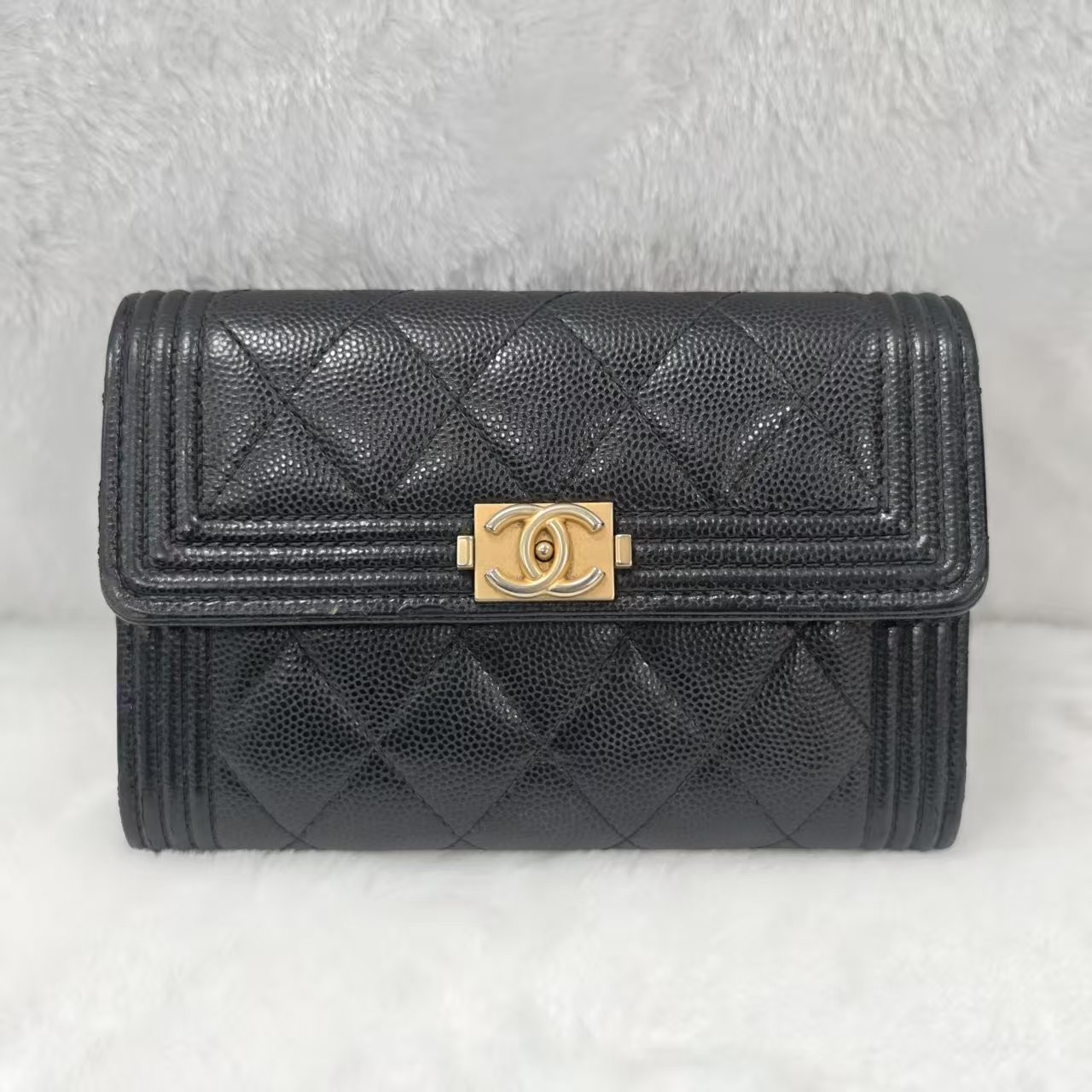 Chanel Le Boy Black Caviar Leather Trifold Wallet Gold Hardware