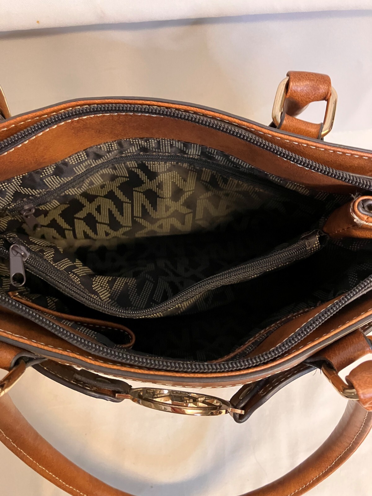 NX Monogram Logo Camel Tan Brown Double Handle Faux Leather Handbag NWOTS!