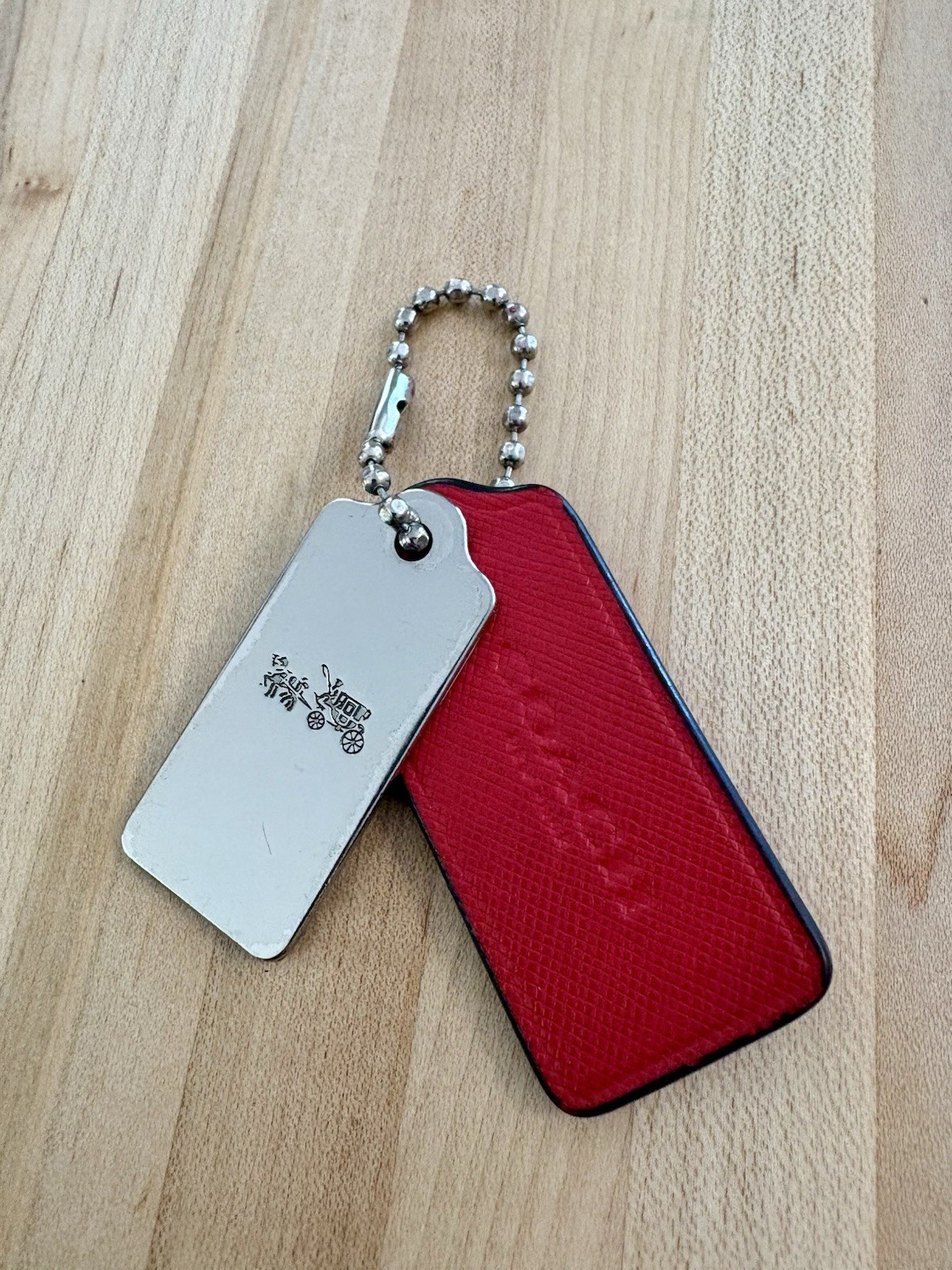 Coach Red Leather And Silver Metal Double Hang Bag Tag