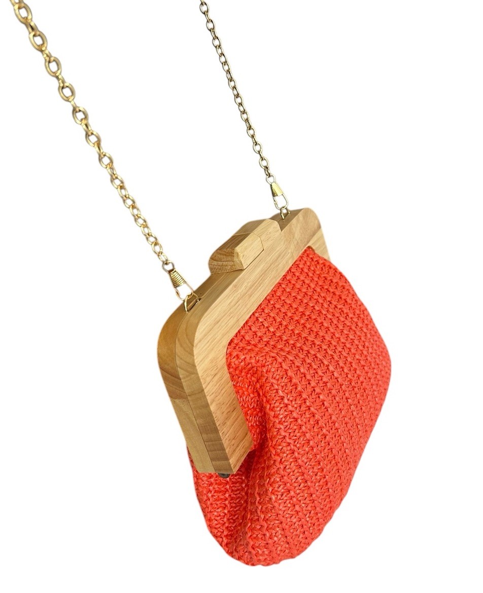 Off Park Collection Small Orange Rattan Crossbody Bag Wood Frame Gold Chain New