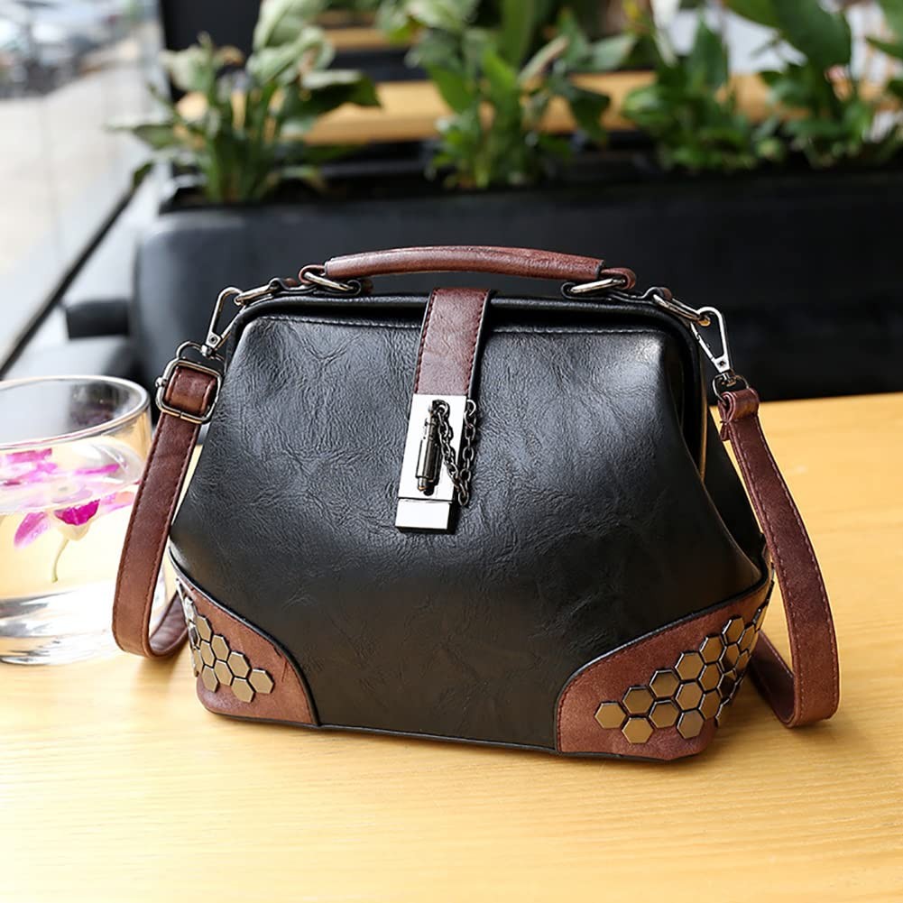 Gothic Rivet Studded Doctor Style Cross Body Convertible Bucket Shoulder Handbag