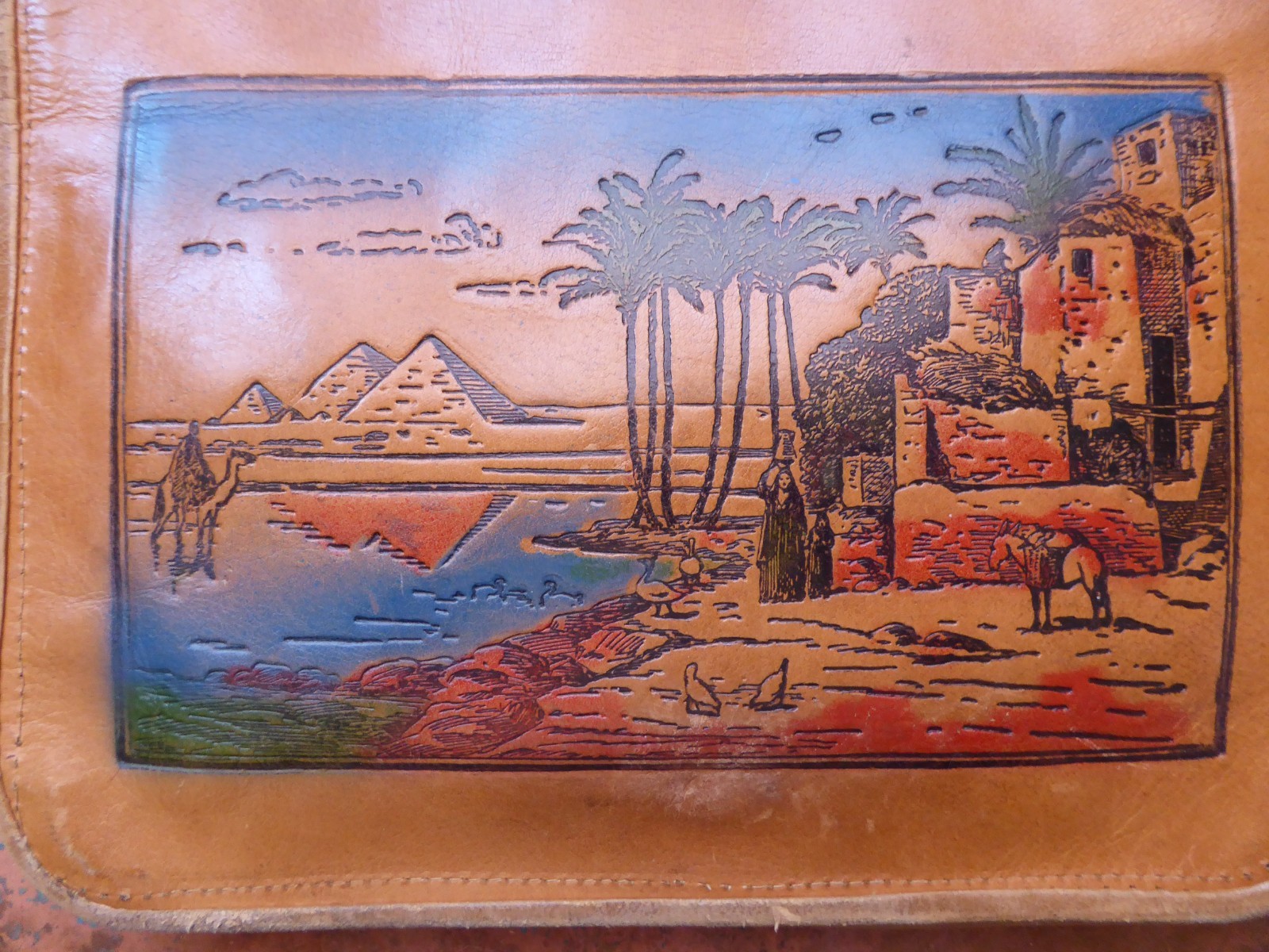 Vintage Egyptian Souvenir Purse Tooled Painted Leather Desert Pyramids