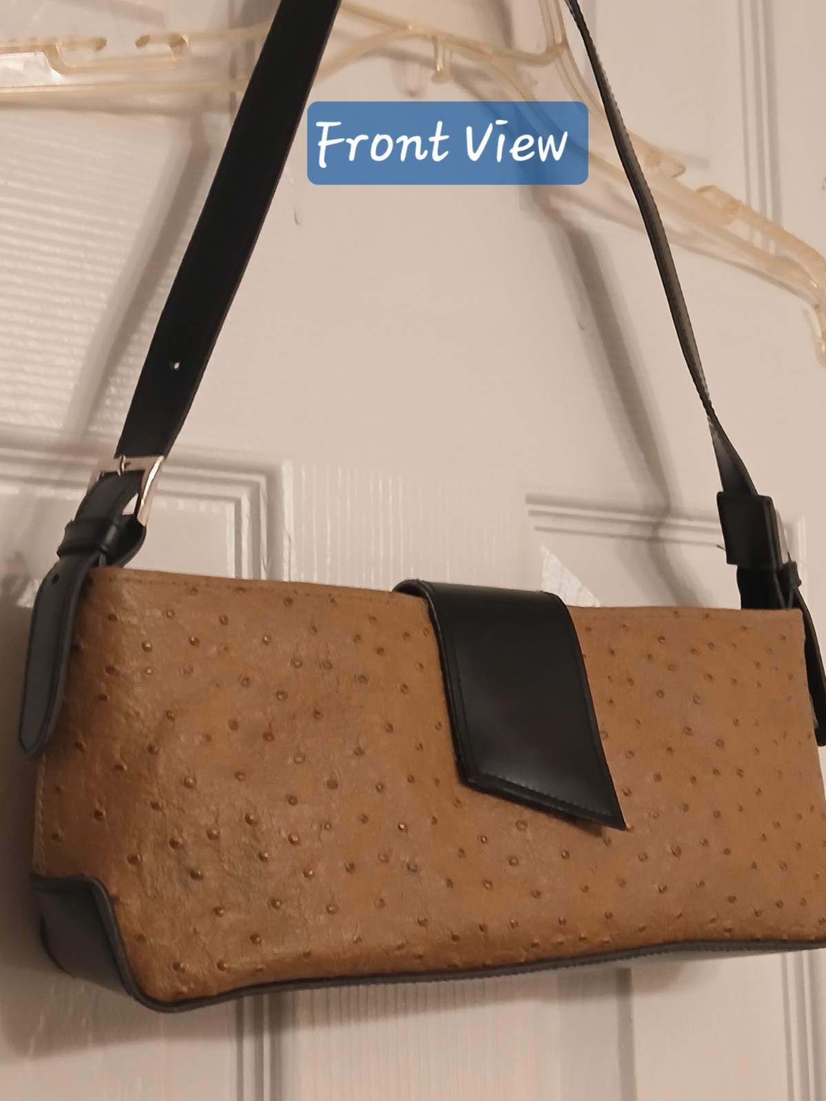 Caramel & Black Faux Ostrich Leather Small Shoulder Bag