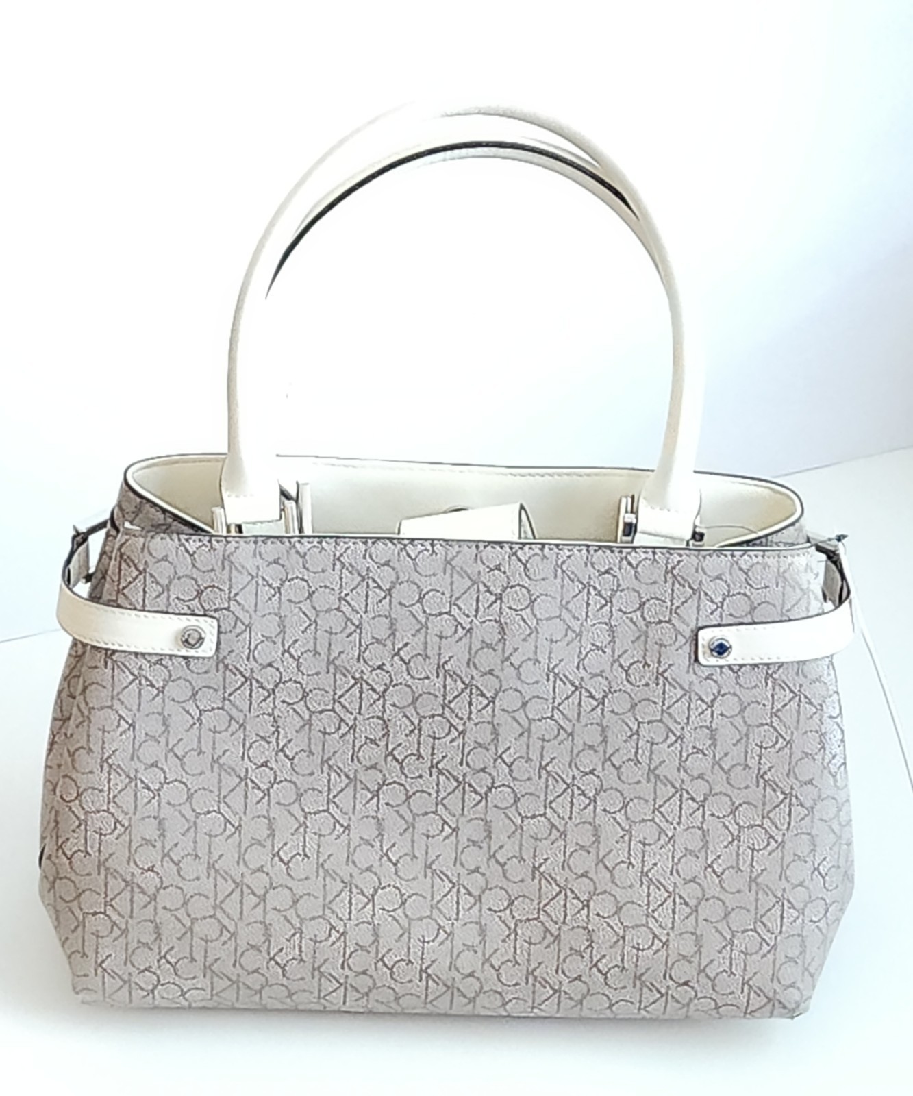 NEW Calvin Klein (CK) Monogram Signature Tote Handbag Almond Beige White Purse