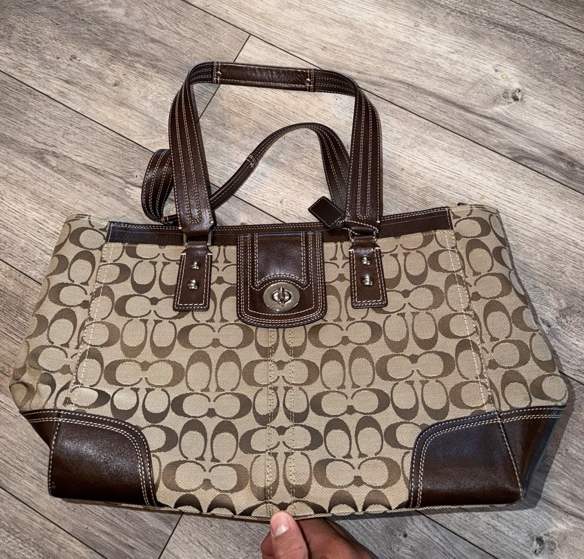 Coach Signature Logo Tote Beige/Brown, Zip Top, Detachable Strap, Studs