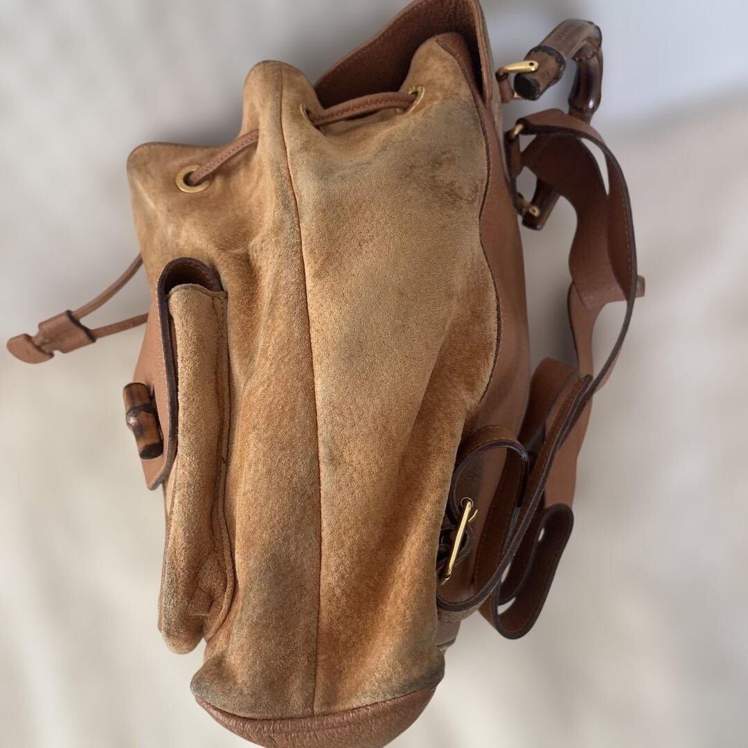 GUCCI Bamboo Suede Backpack Camel Gold Turn Lock Vintage Women Italy From Japan