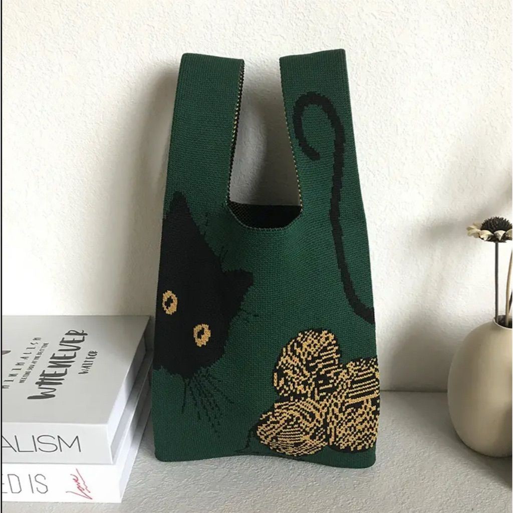 Y2k Green Knit Small Tote Bag Casual Handbag Summer Cat Lover