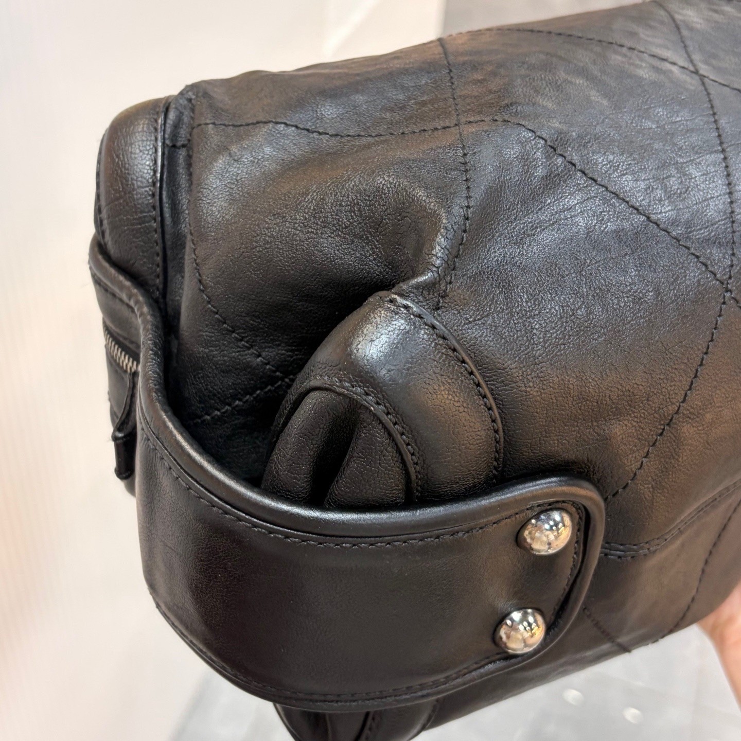 Chanel Diamond Quilted Bowler Handbag Black Calfskin Top Handle Authentic