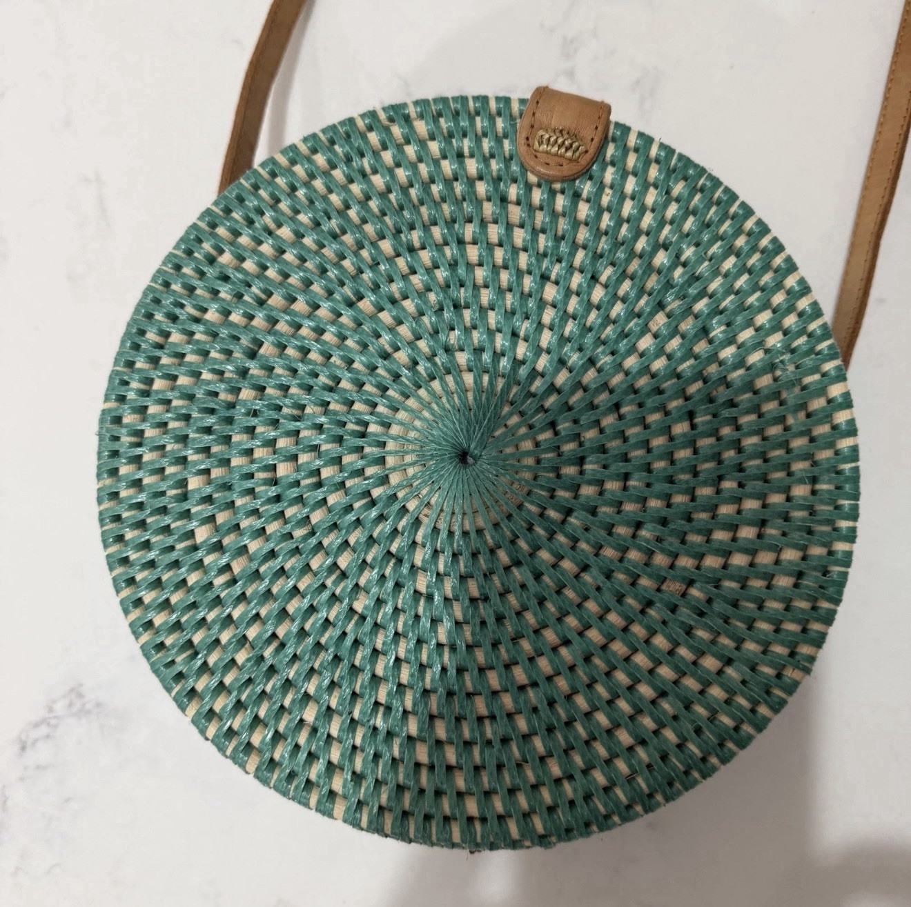 Round Rattan Straw Crossbody Teal Green Woven Wicker Circle Purse Boho Summer