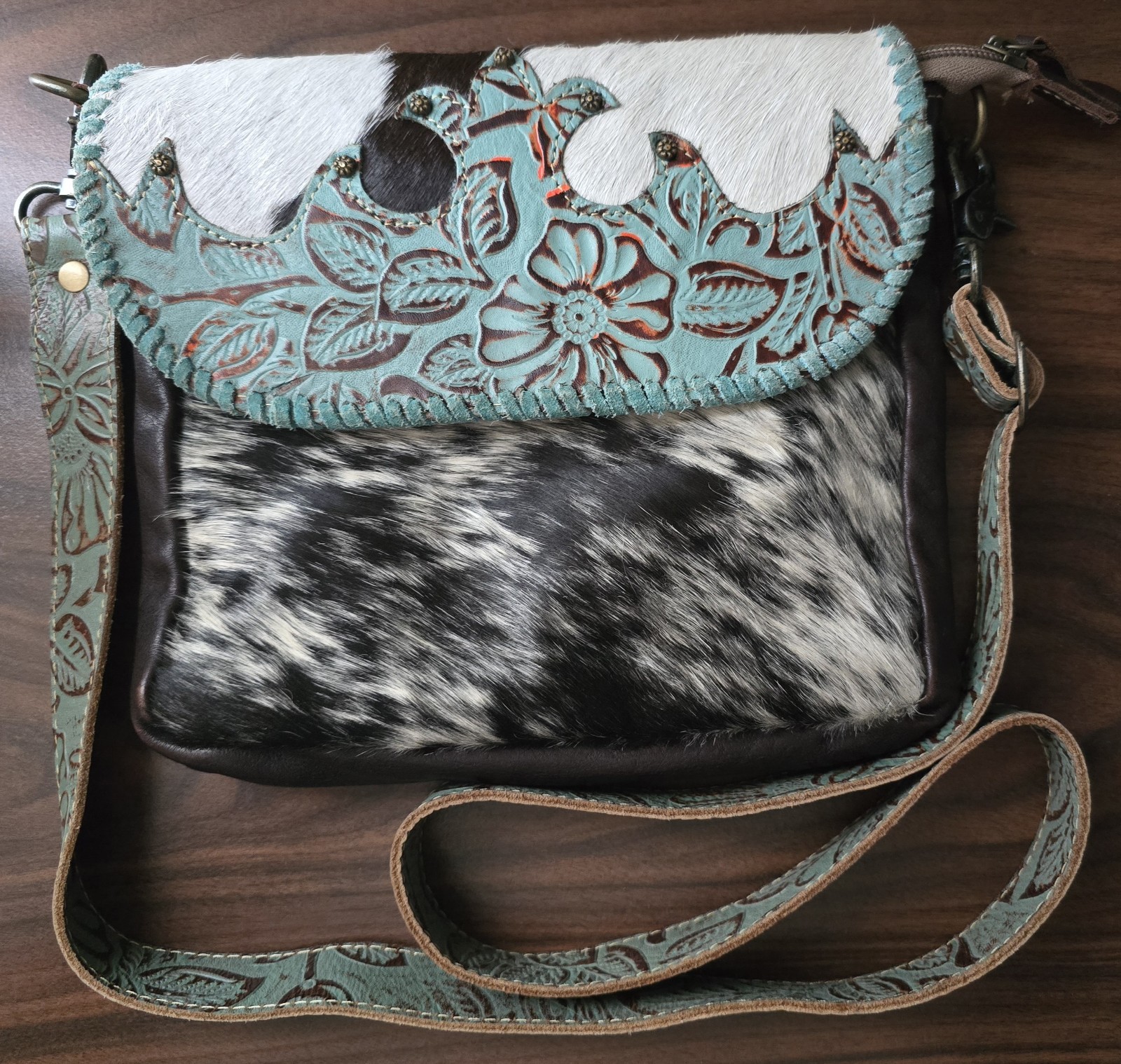 Myra #3826 Turquoise Fluers Leather & Hairon Bag Crossbody Snap Brown Leather