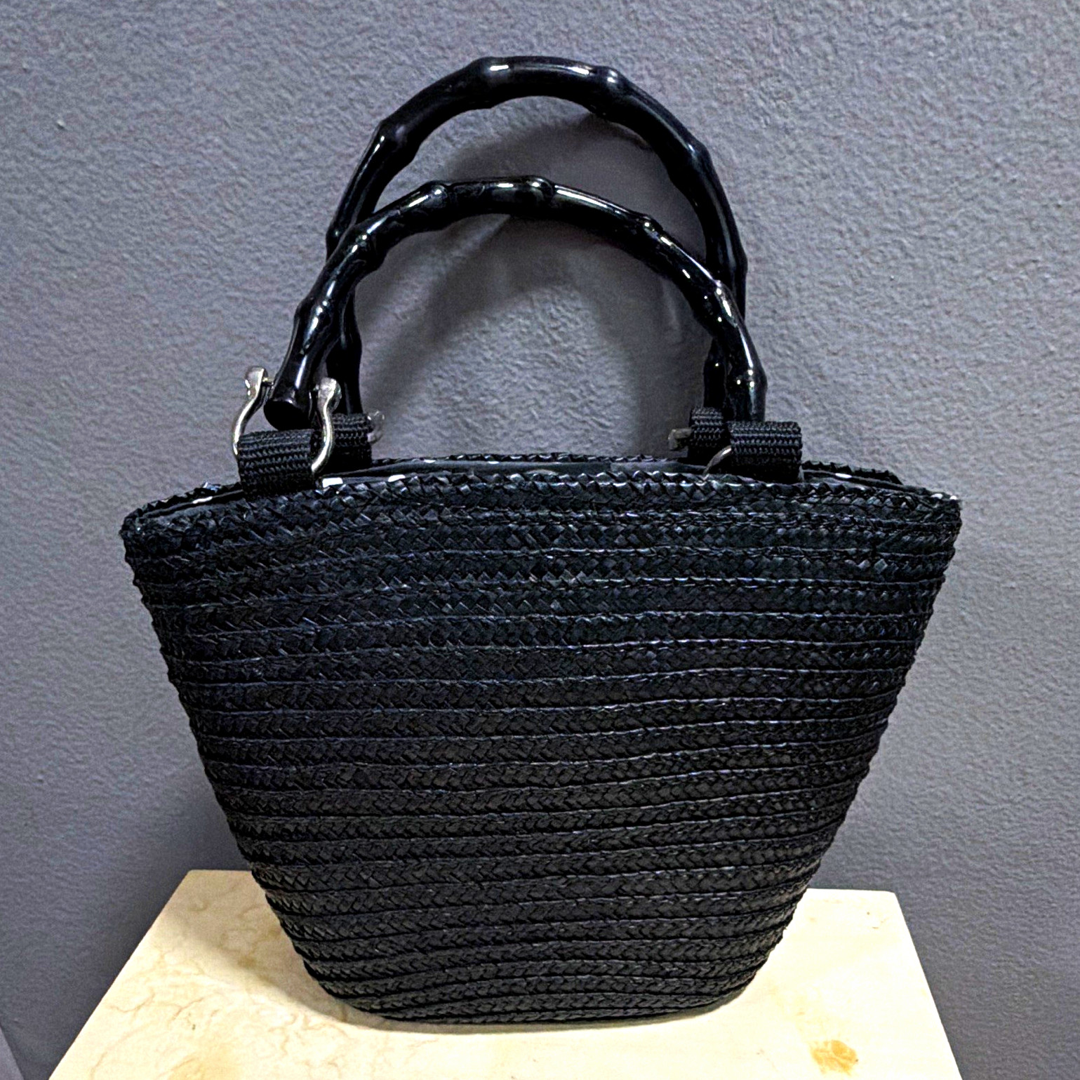 Mini St. John’s Bay Black Top Handle Bag Zip Bamboo-Style Handle Polka Dot Lined