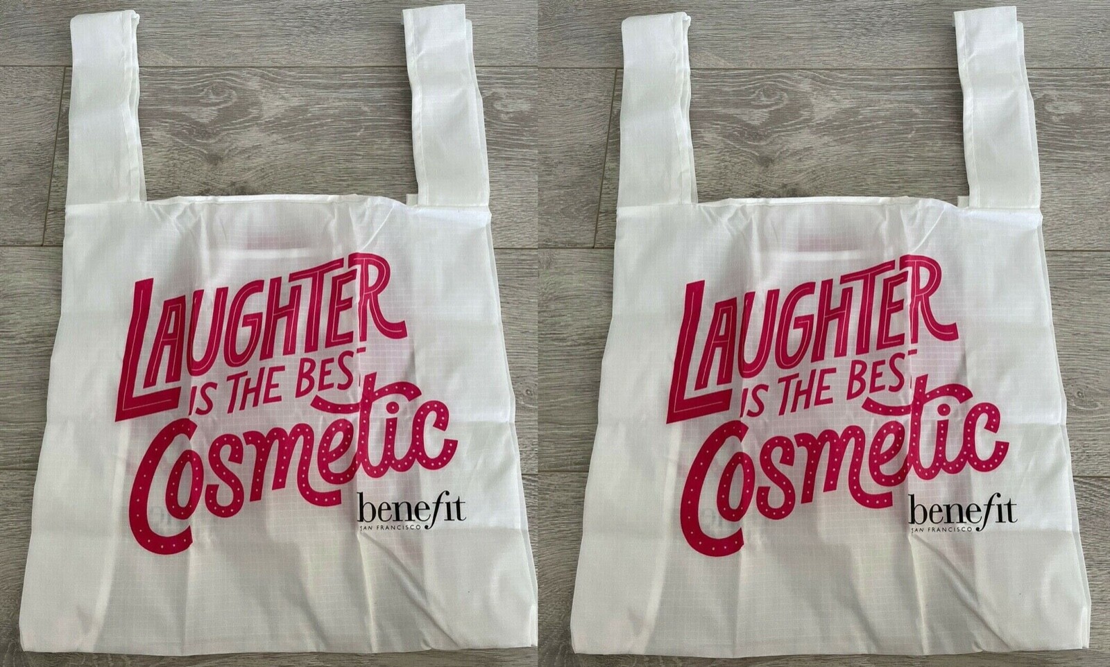 Benefit LAUGHTER IS THE BEST REUSABLE WHITE PACKABLE SHOPPER TOTE BAG set x 2