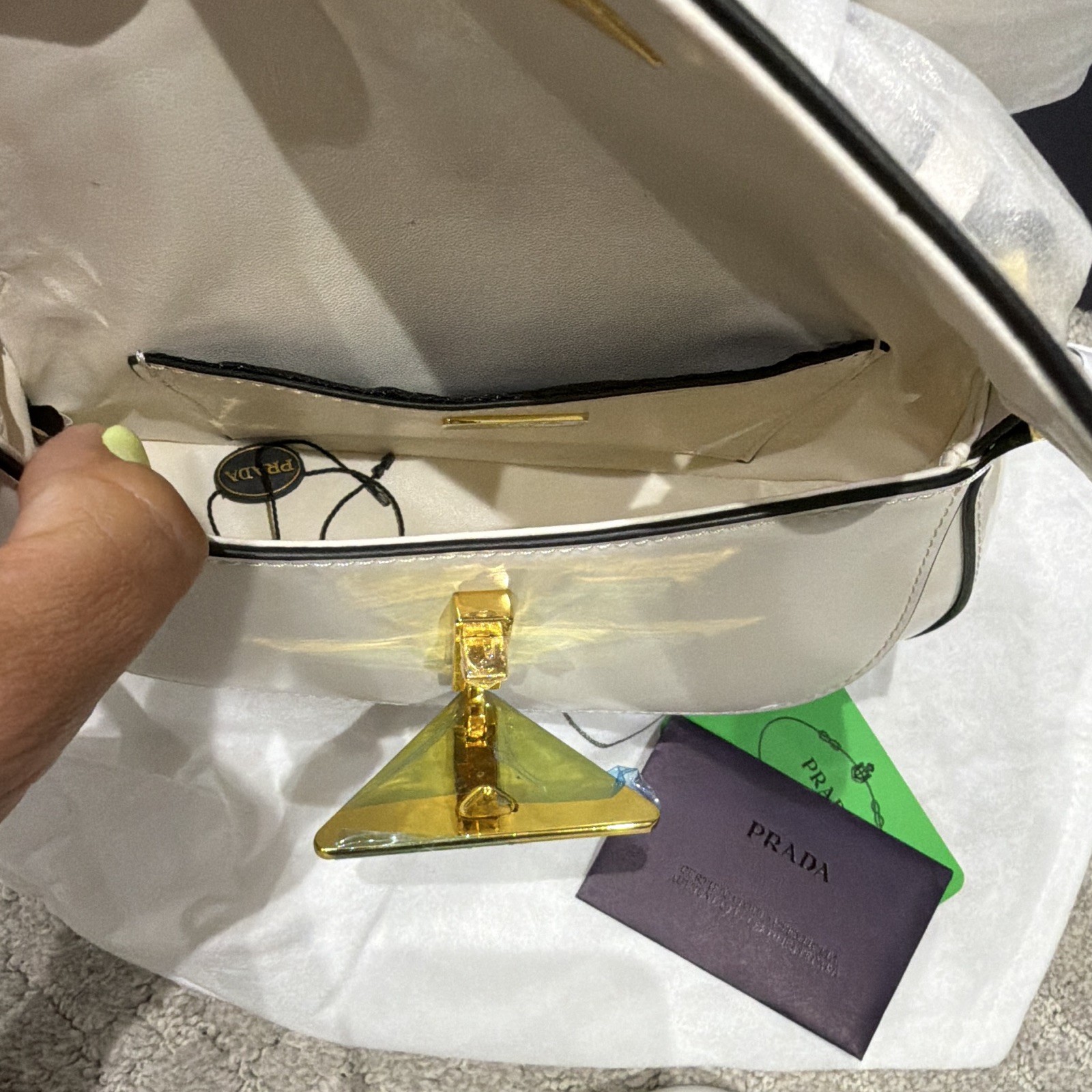 PRADA White Small Top Handle Bag w/ Strap Triangle Logo Gold Hardware, Dust