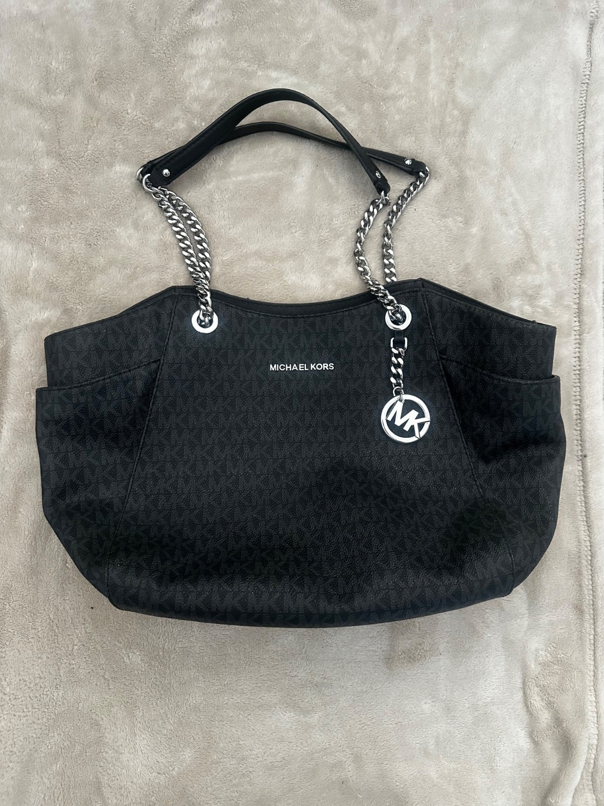 Michael Kors Jet Set Travel Large Chain Shoulder Tote Black Silver