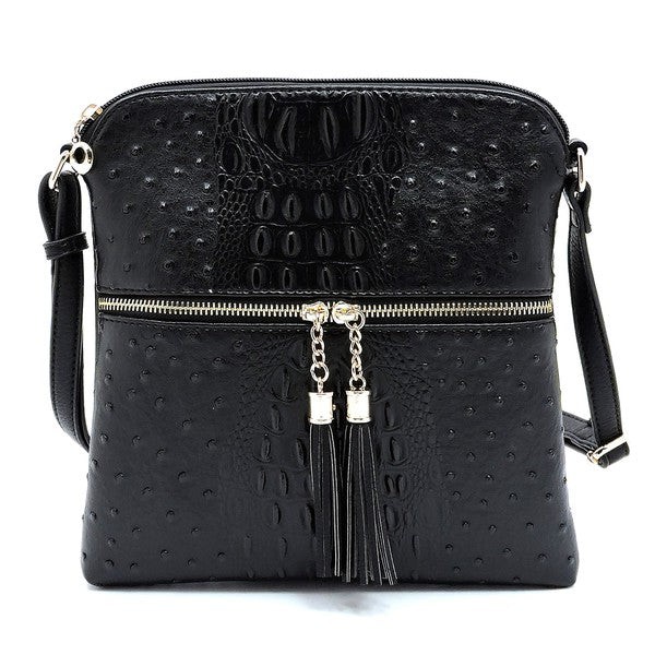 Versatile Ostrich Croc Crossbody: Adjustable Comfort & Secure Zip