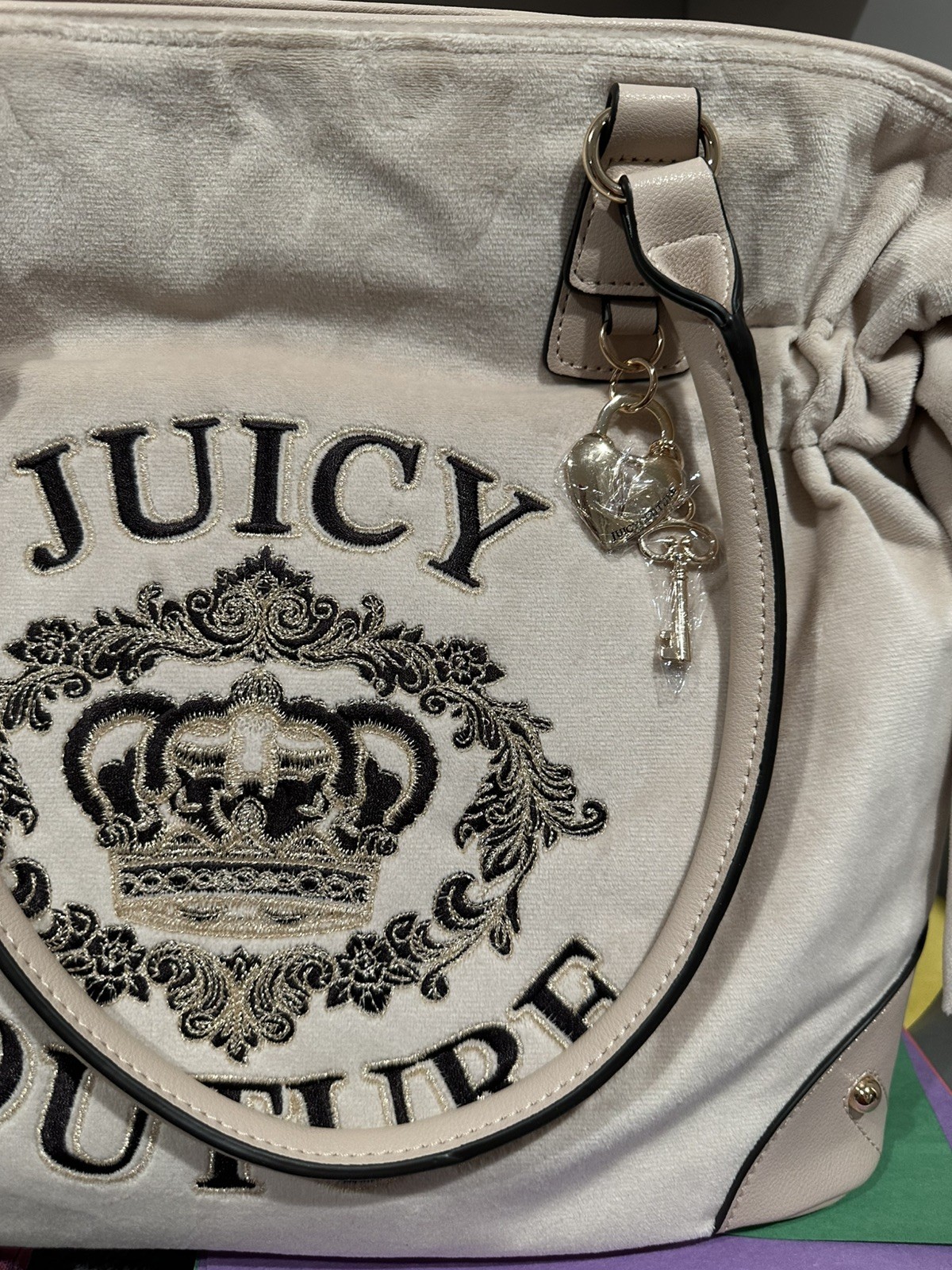 Juicy Couture Falling For Juicy Tote Bag Purse Velour Bows Soft White NEW