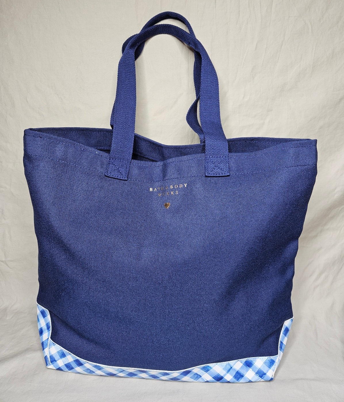 Bath & Body Works Gingham Plaid Tote Bag Navy Blue White Canvas PVC Leather