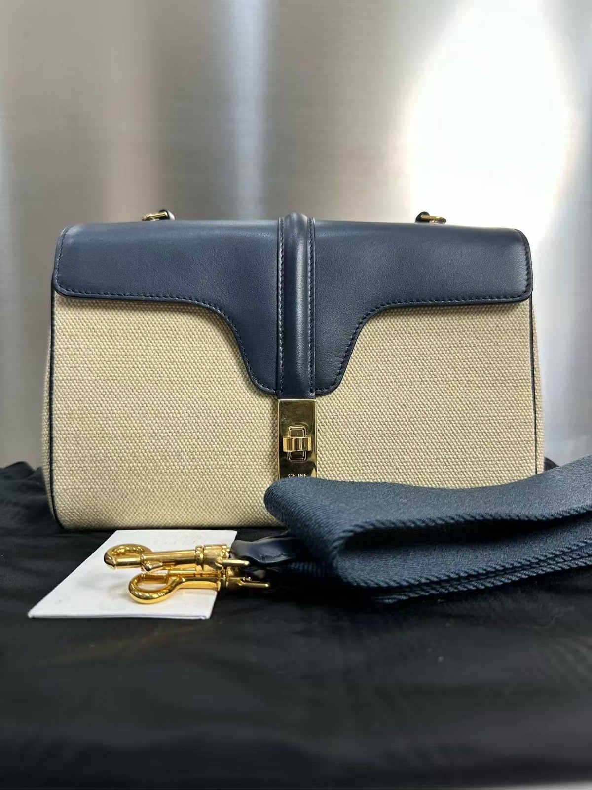 Celine Soft 16 Navy‑Beige Canvas‑Leather Gold Hardware Shoulder Bag