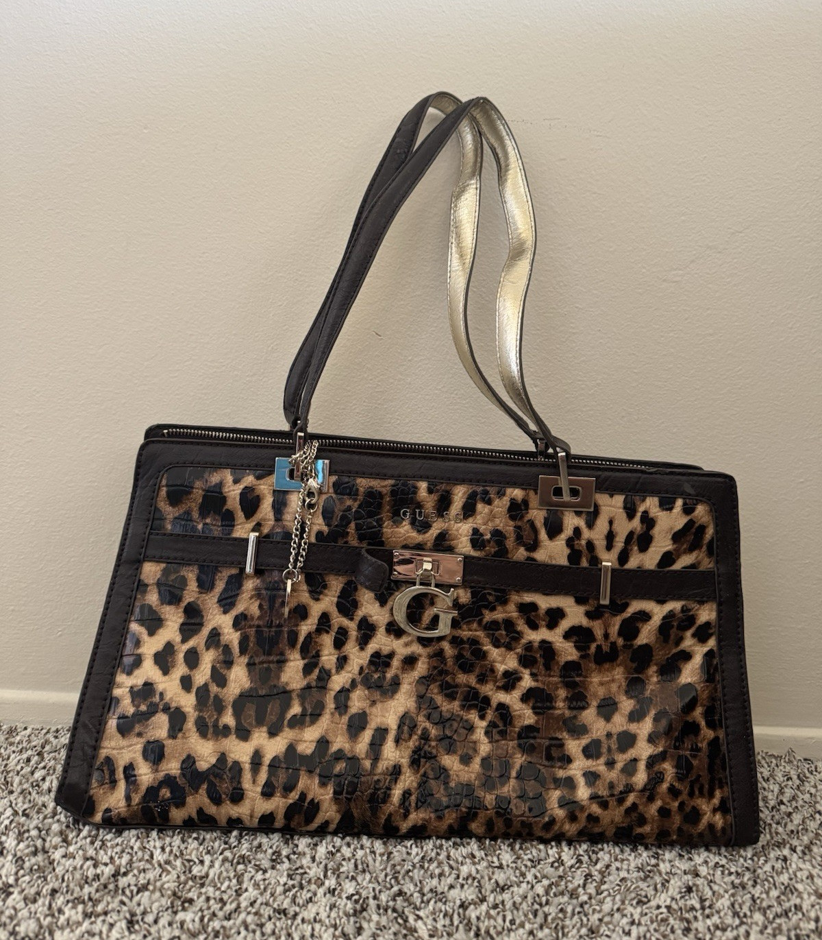 GUESS Leopard Animal Print Satchel Top Handle Zip w/ Detachable Strap Pockets
