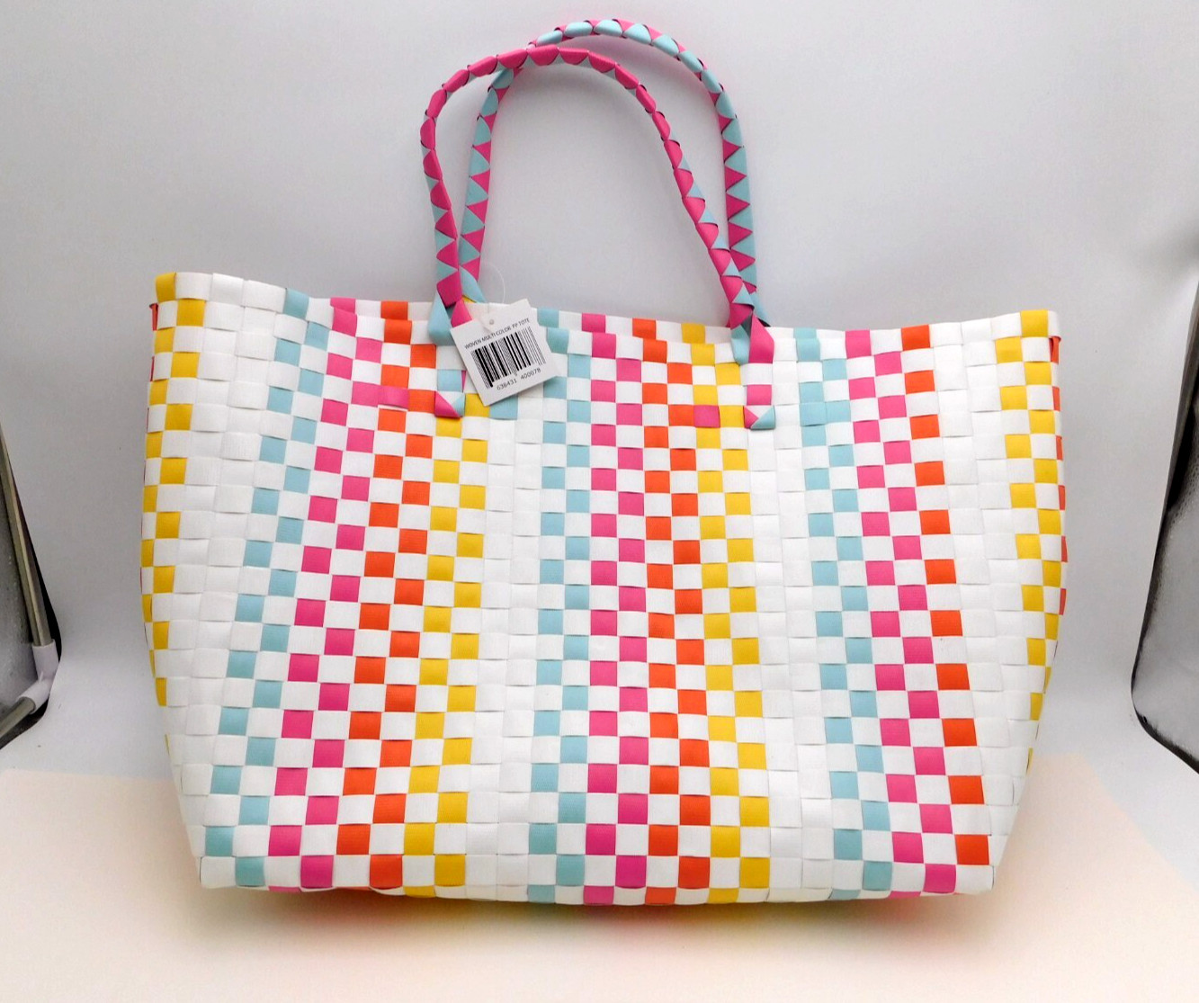 Mercado Mexican Plastic Hand Woven Tote Beach Bag Medium Size No Closure H12.75″