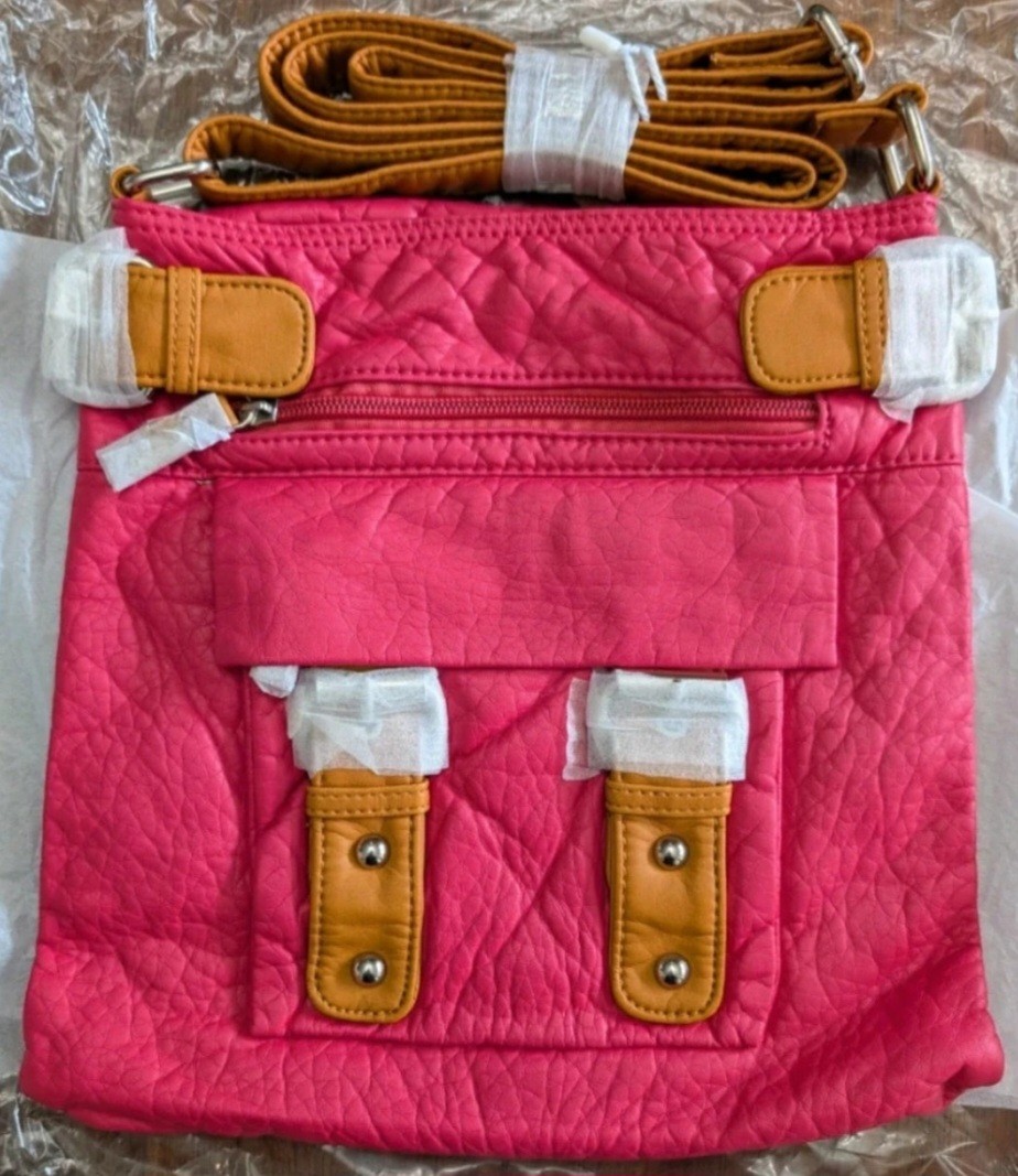 Ampere Creations Vegan Pink Crossbody Bag, Brown Straps.