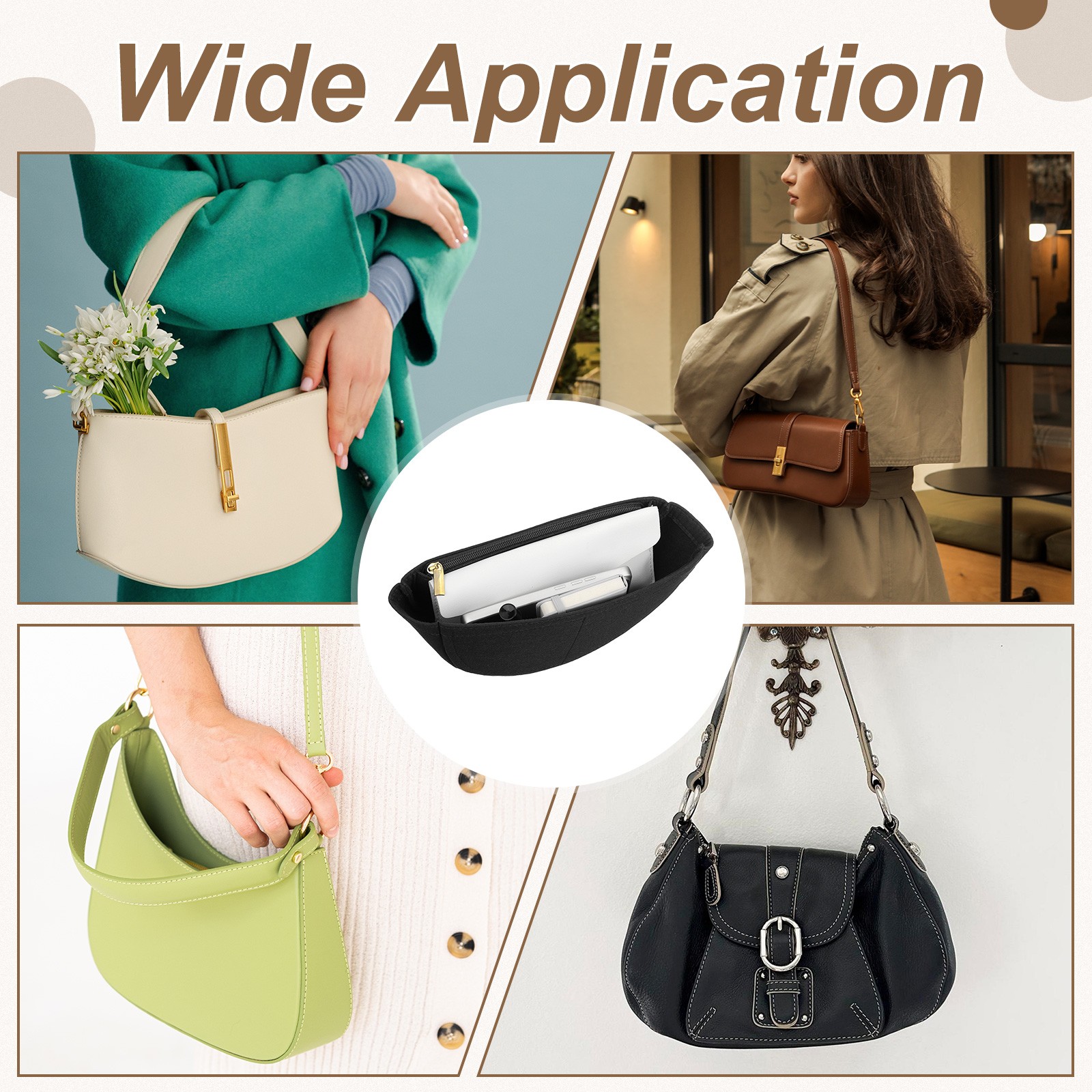 Black Medium Felt Purse Organizer Insert for Underarm Bag, 26 x 8 x 12.5cm