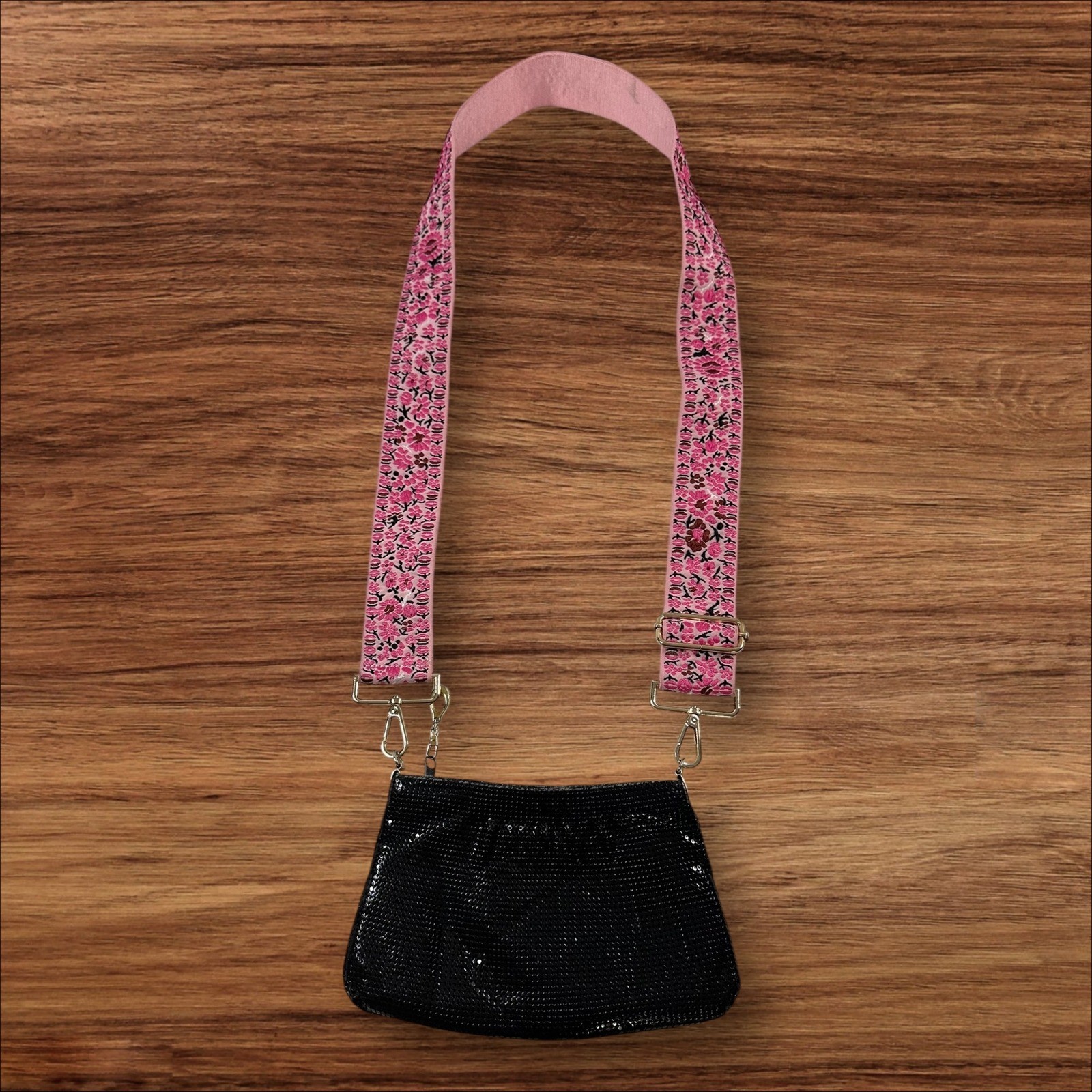 Black Metal Mesh Evening Bag Removable Pink Floral Strap Handmade Purse