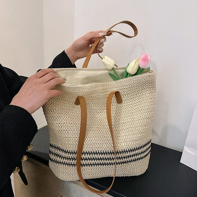 Designer Striped Straw Shoulder Bag Large Capacity Beach Tote Summer Handbag