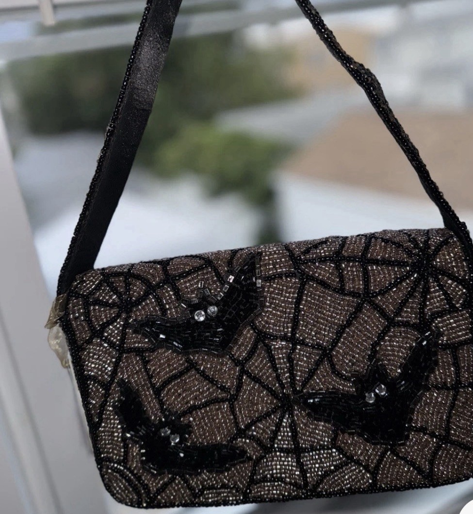 VIRAL!!!!! Black Beaded Spiderweb Halloween Shoulder Bag/Clutch Purse w/ Strap