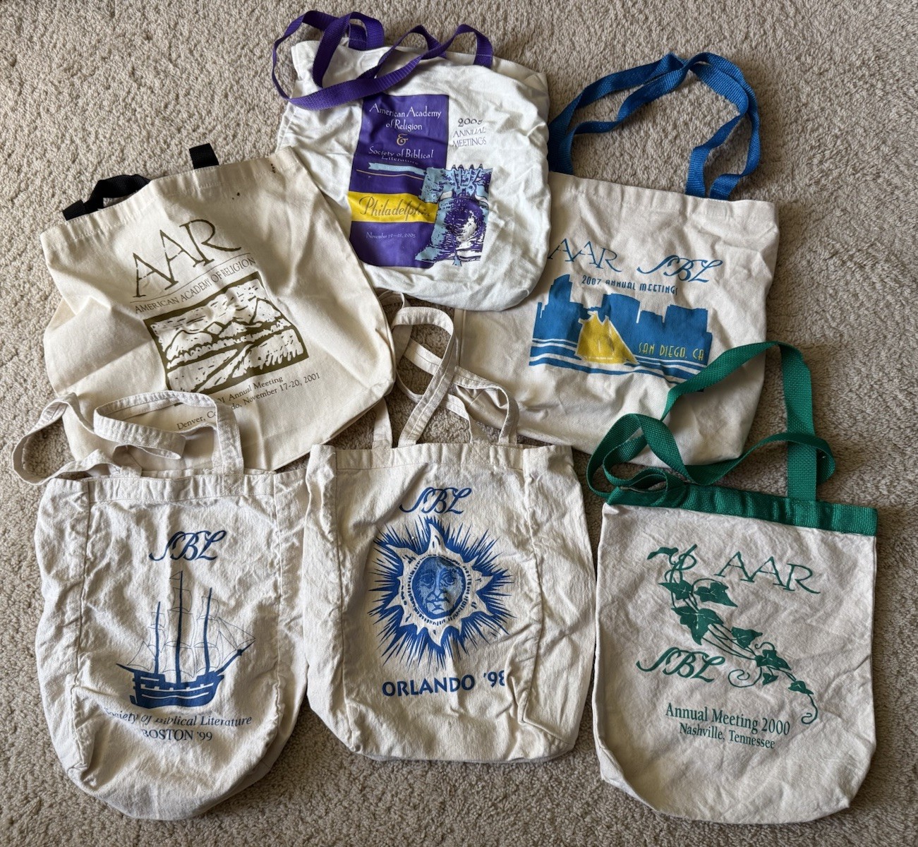Lot Of 6 Vintage Society Of Biblical Literature Canvas Tote Bags Graphic Print