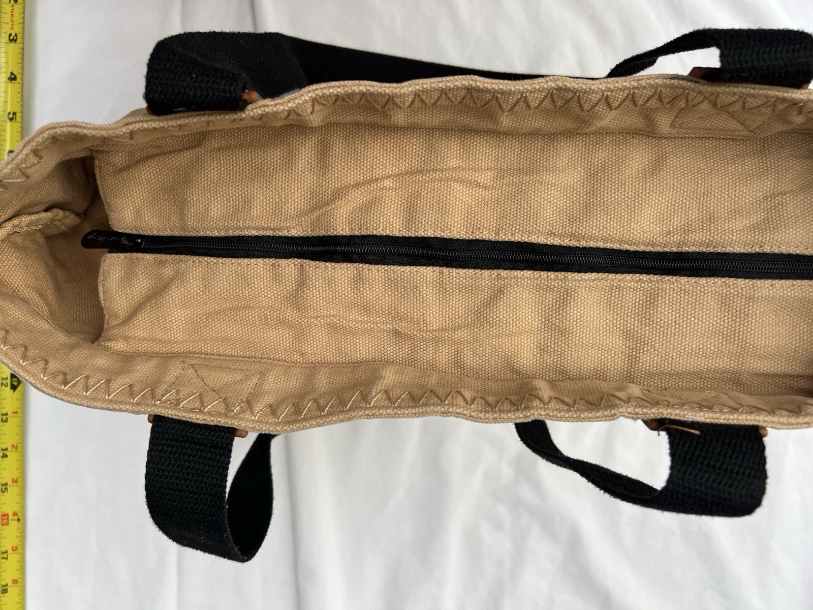 Thirty-One Tan Canvas Tote Bag Zip Top Double Handles Inner Zip Pocket