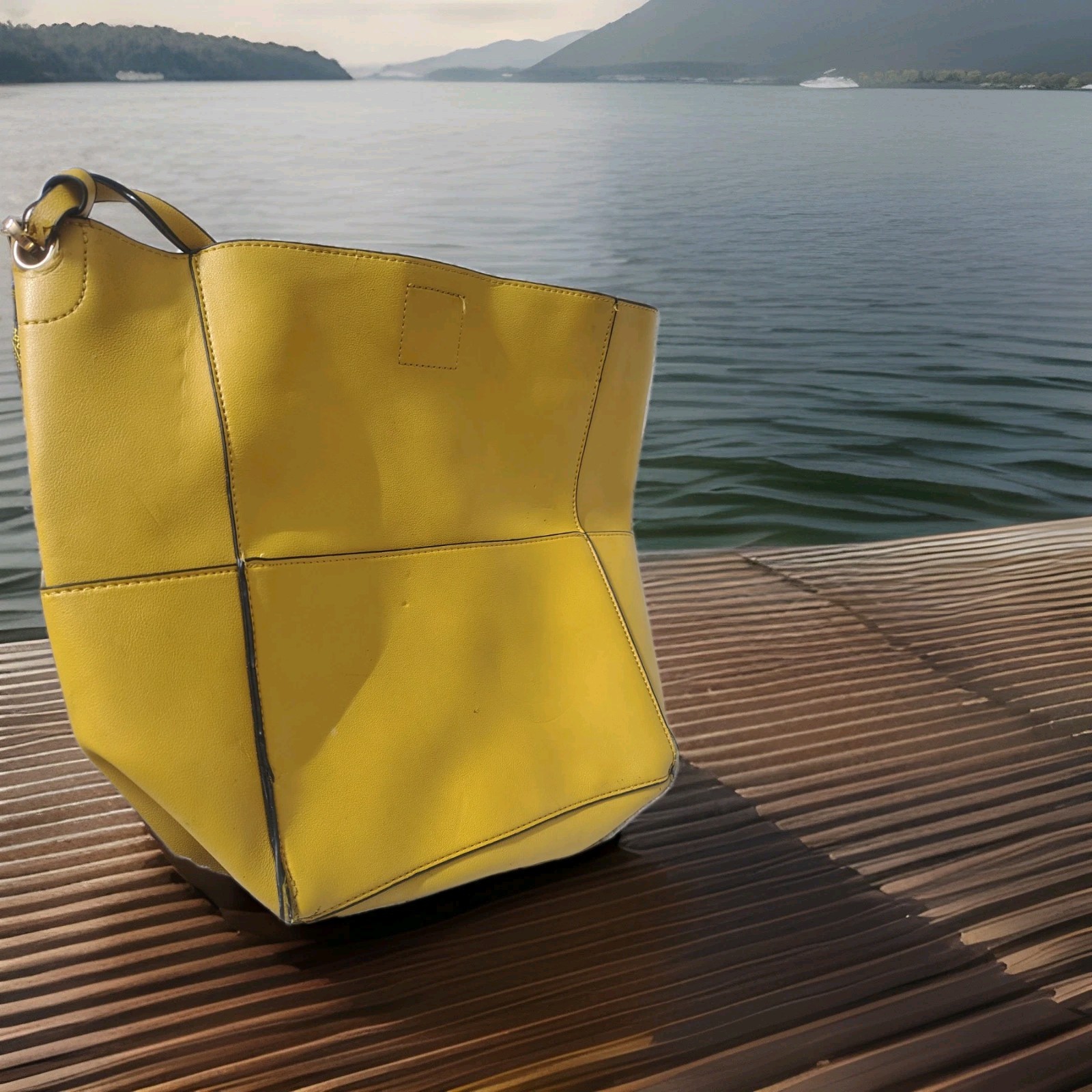 MERSI Yellow Medium Bucket Shoulder Bag Geometric Strap Gold Hardware Zip