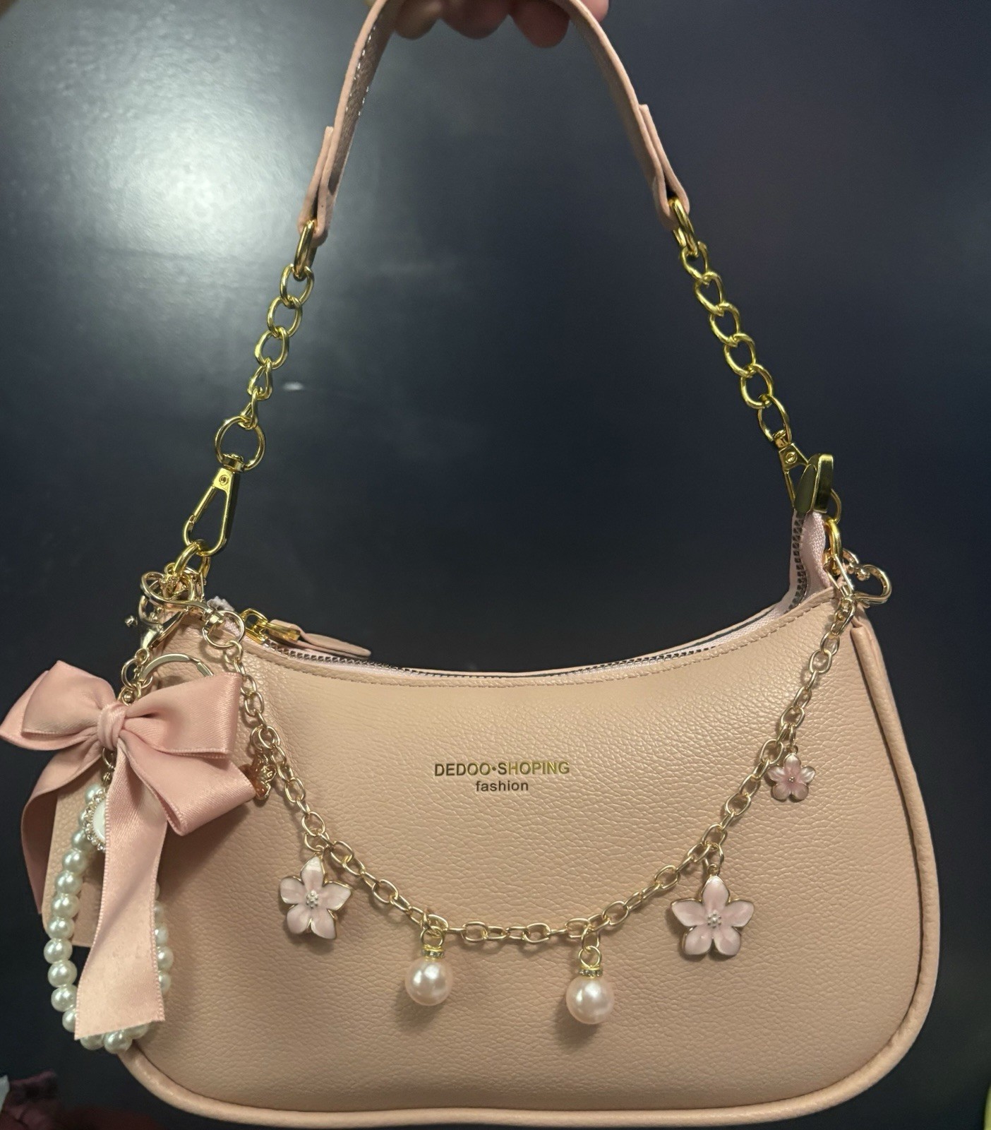 Blush Pink Shoulder Bag with Pearl & Flower Charms | Cute Coquette Y2K Purse